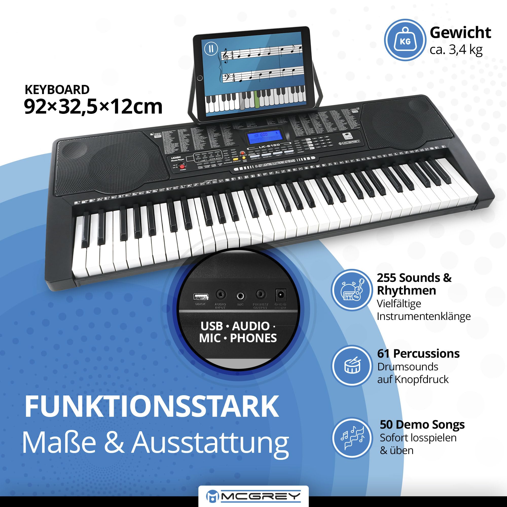 McGrey LK-6150 61 Tasten Keyboard - Einsteiger-Keyboard mit 61 Leuchttasten - 255 Sounds und 255 Rhythmen - 61 Percussion-Sounds - 50 Demo Songs - integrierter MP3-Player - Schwarz