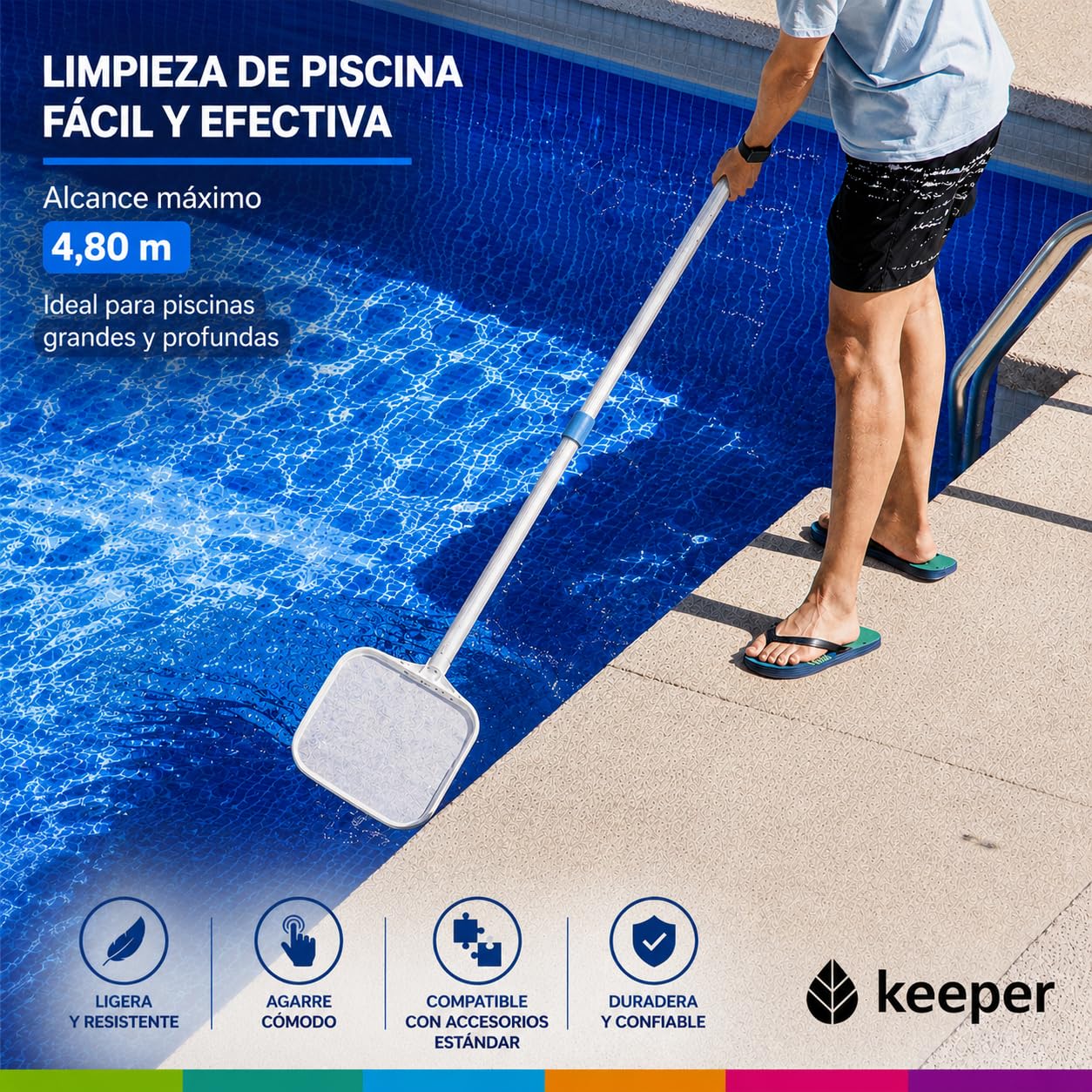 Keeper Pértiga Telescópica Extensible para Piscinas 2,40–4,80 m, Mango de Aluminio Ligero con Doble Sistema Clip y Palomilla, Compatible con Cepillos, Limpiafondos y Recogehojas