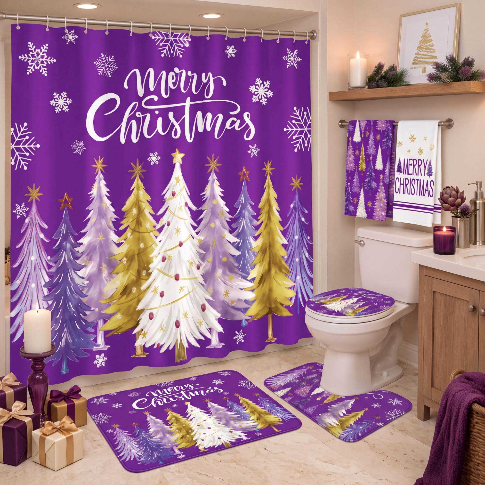HunnmingRe 6 Pcs Christmas Bathroom Decor Purple Xmas Shower Curtain Set