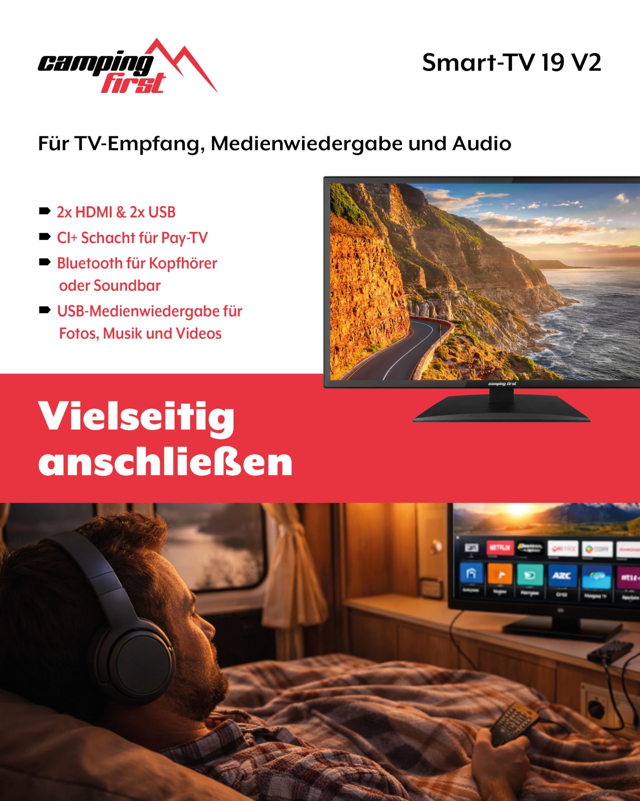 19″ Smart TV V2 – Fernseher, 48 cm, 12 Volt – Schwarz | Triple Tuner, Android 11.0, WLAN/LAN, CI+, USB, Bluetooth