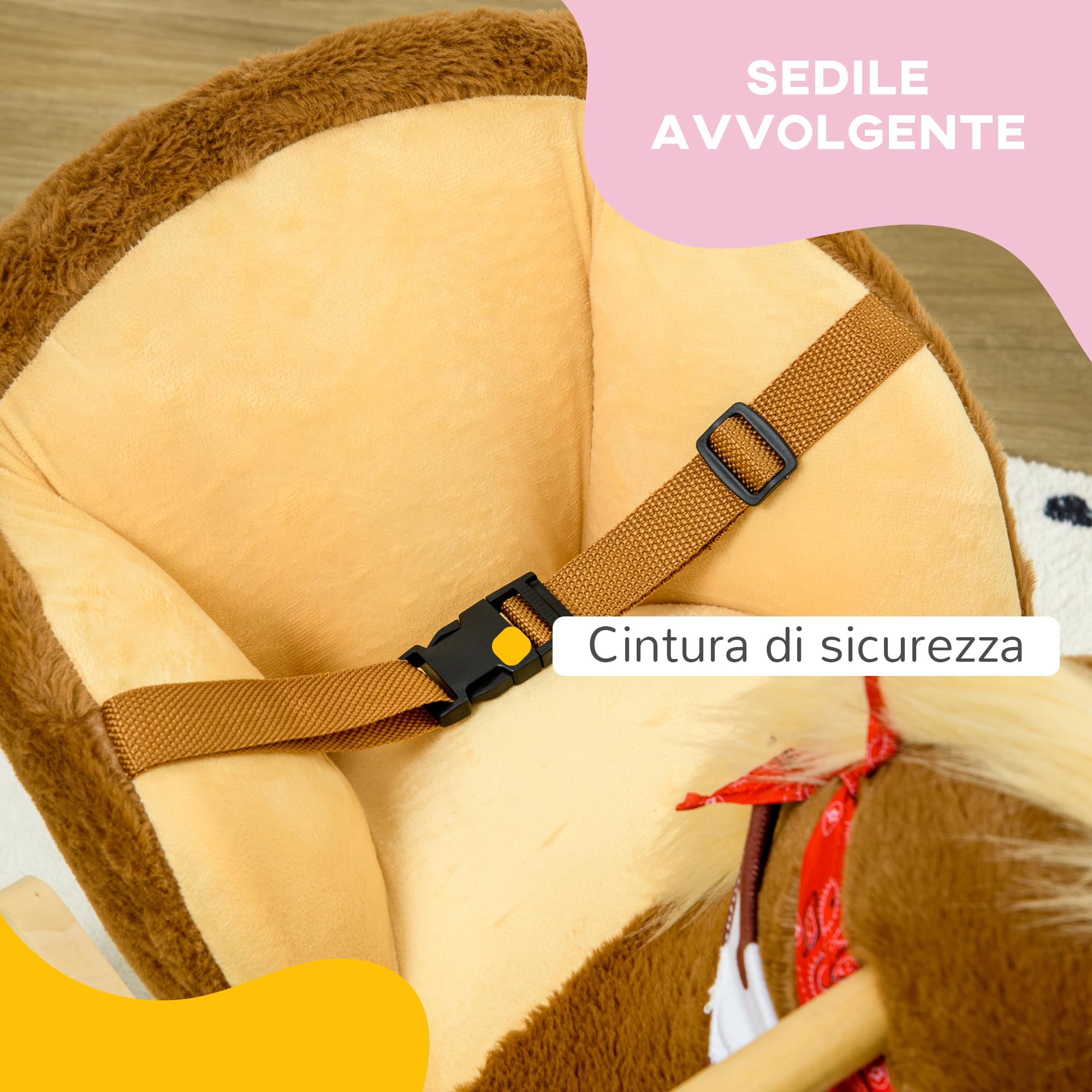HOMCOM Cavallo a Dondolo per Bambini da 18-36 Mesi, Cavalluccio a Dondolo per Bambini Cavalcabile con Suoni Realistici, 60x33x50 cm, Marrone