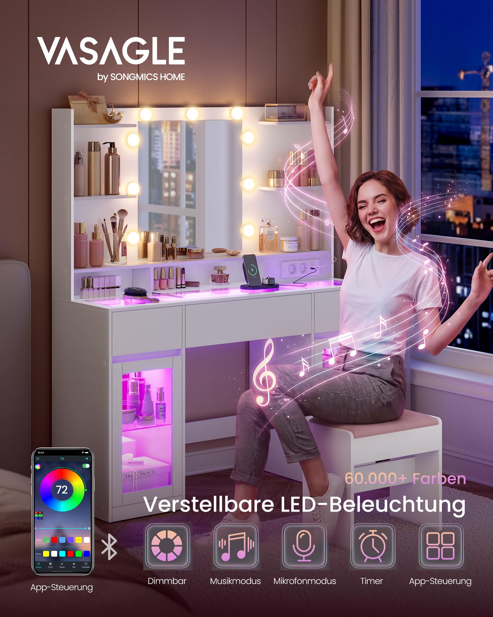 VASAGLE Schminktisch mit Spiegel, Holzspanplatte und Glas, RGB-Beleuchtung und Steckdose, mit 2 Schränken, ohne Hocker, 107 x 40 x 144,5 cm, Weiß, für Schlafzimmer, Kailyn Kollektion RDT145WB01