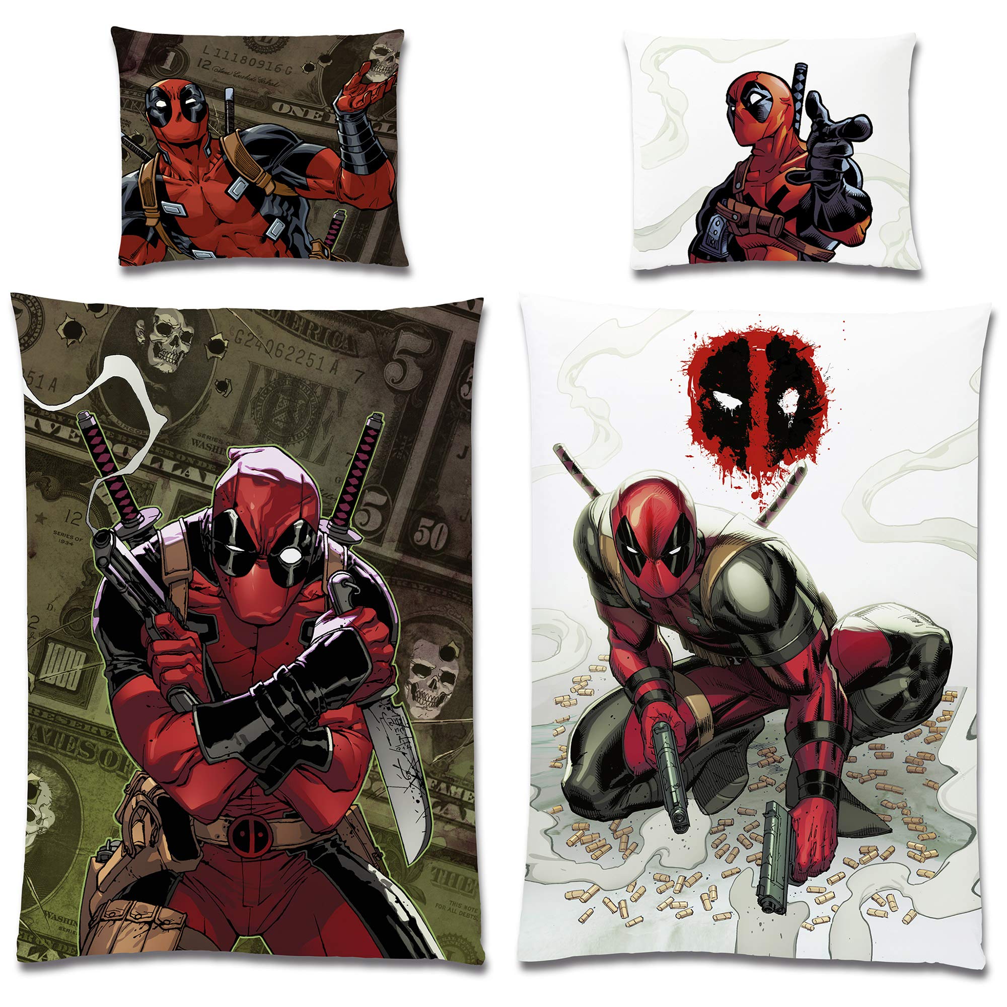 BERONAGE Deadpool Wende-Bettwäsche Weiß Grün 135 x 200cm + 80 x 80cm 100% Baumwolle Renforcé-Linon-Qualität mit YKK-Reißverschluss Anti-Held Maske Marvel Comic Kinderbettwäsche Deutsche Größe