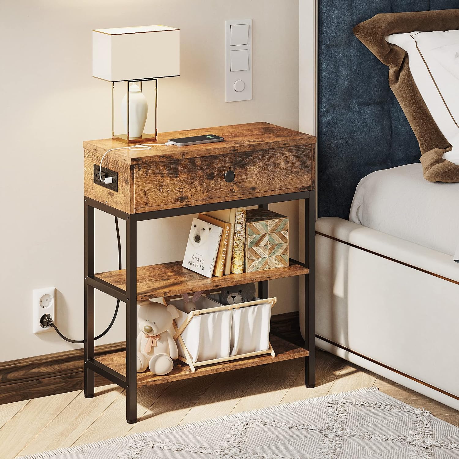 IRONCK Side Tables Bedroom, End Table with Pull-Down Drawer, Nightstand with Charging Station, Easy Assembly, Industrial Living Room Tables with Storage, Rustic Brown