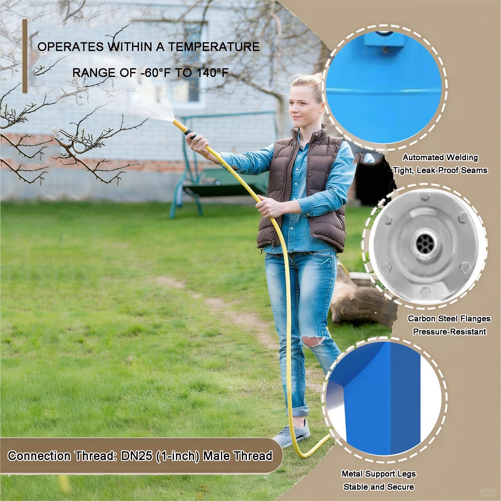 Serbatoio A Pressione 110L In Acciaio Inox 304 - Autoclave Blu Per Elettropompa Con Manometro, Di Pressurizzazione Automatica Per Pozzi, Attacco 1" NPT(C-150L-50x112cm)