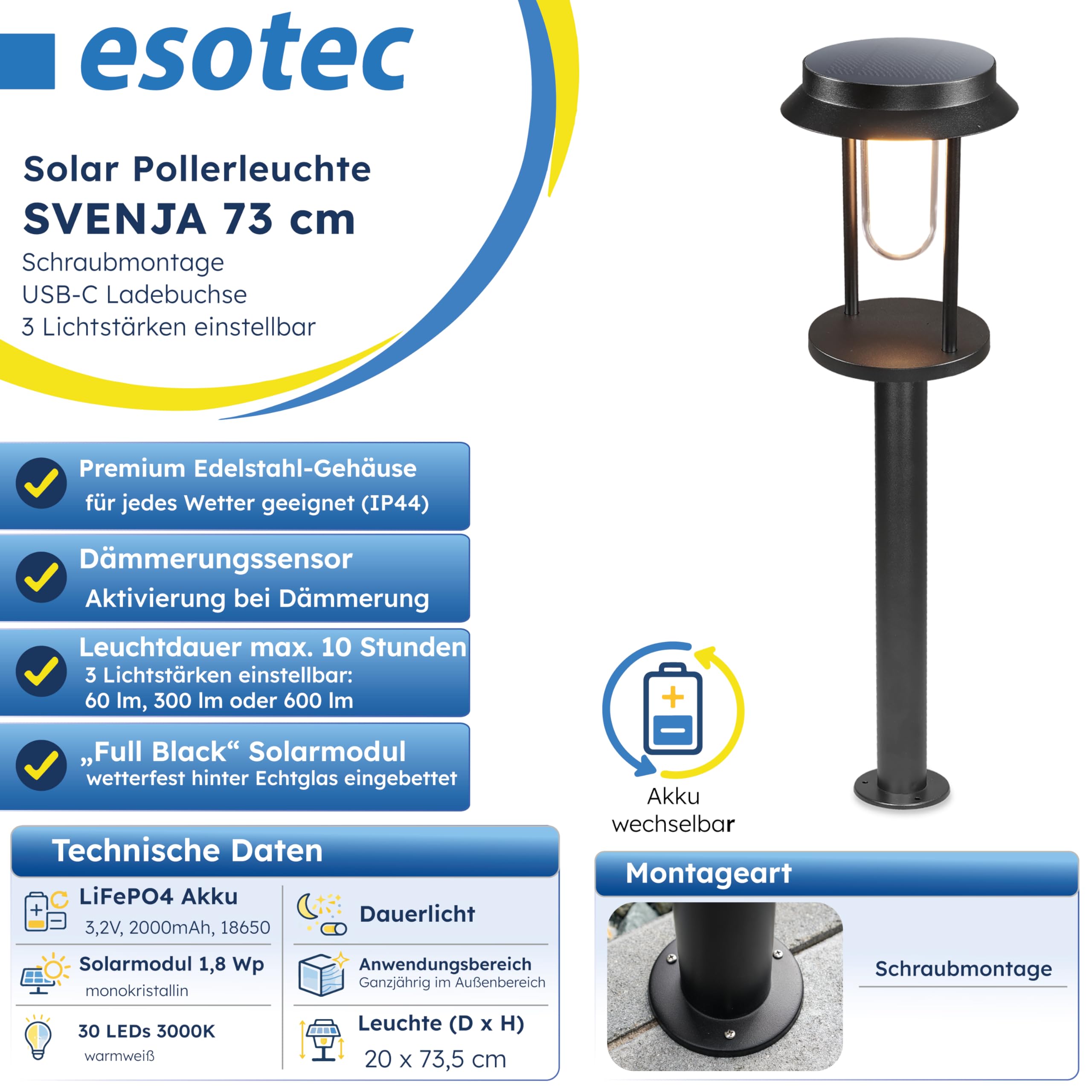 Esotec Solar-Standleuchte für außen SVENJA 73 | Edelstahl-Gehäuse | LiFePO4 Akku | USB-C | LED-Solar-Leuchte Solar Außenleuchte Gartenbeleuchtung Gartendeko | metall schwarz H=73,5cm 102930