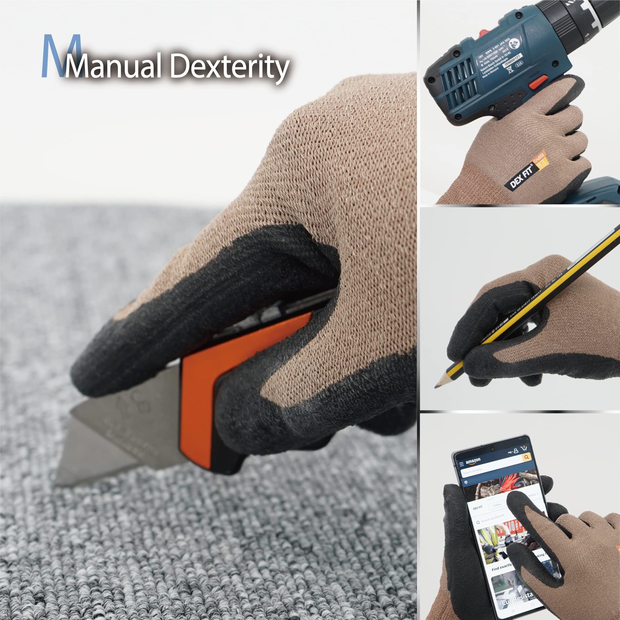DEX FIT Cru553 Guanti Anti Taglio Livello 5-3D Fit, Presa Antiscivolo in Nitrile, Leggeri e Traspiranti, Resistenti, Touchscreen, Lavabili; Grigio 8 (M) 1 Paio