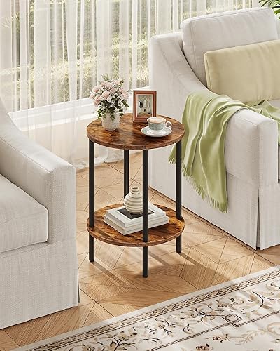 Miniatura 3 de Mesa auxiliar redonda, mesa auxiliar de 2 niveles, mesa auxiliar pequeña con tubo de metal, mesa auxiliar industrial, para sala de estar,