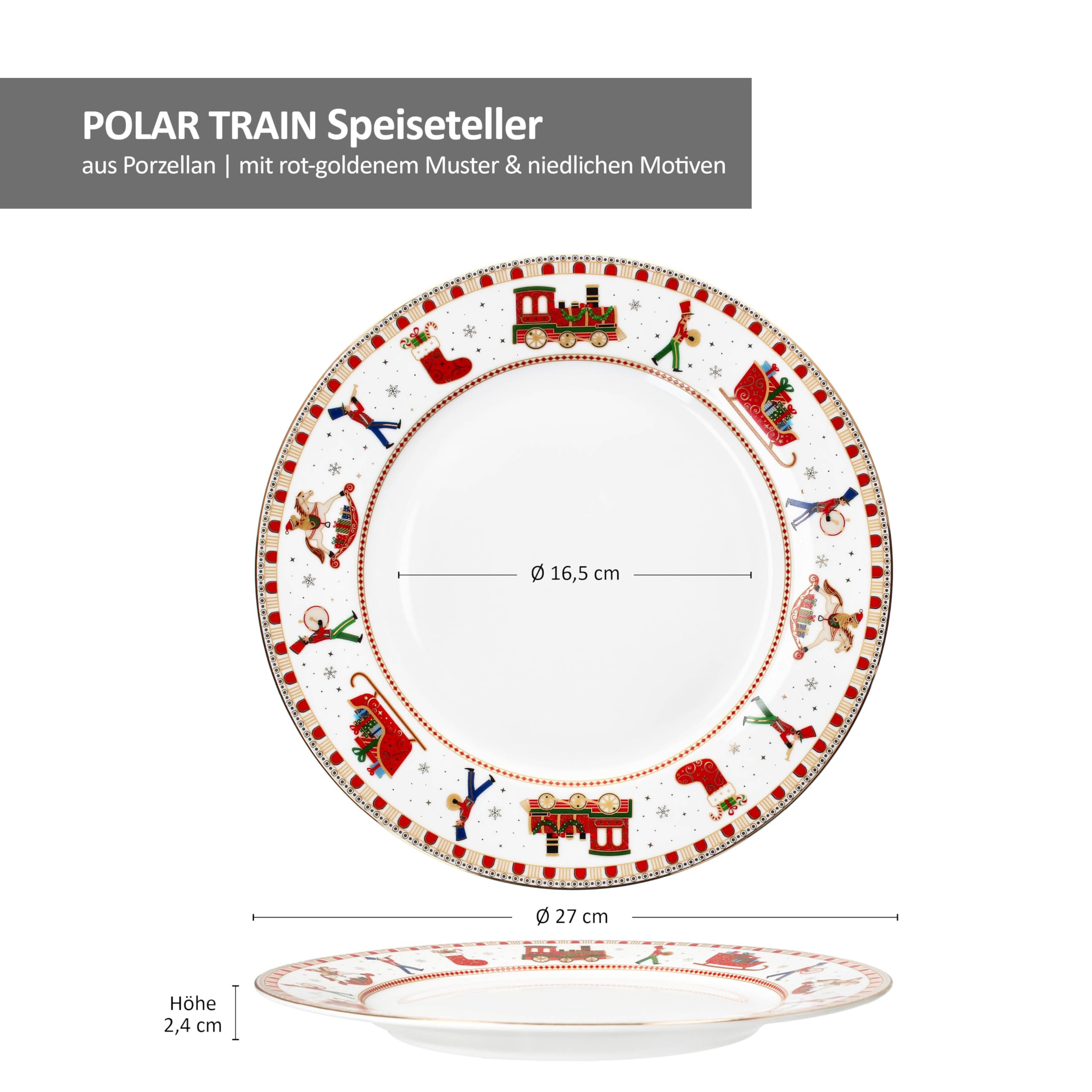 MamboCat - Assiettes à Gâteau Noël Polar Train - Lot De 4 - Porcelaine - Décor Rouge Et Doré - 19,2 Cm