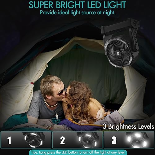 Miniatura 3 de Ventilador de camping con linterna LED, 20000 mAh, recargable, funciona con pilas, para exteriores, con luz y gancho, pivote de 270, 4 velocidades,