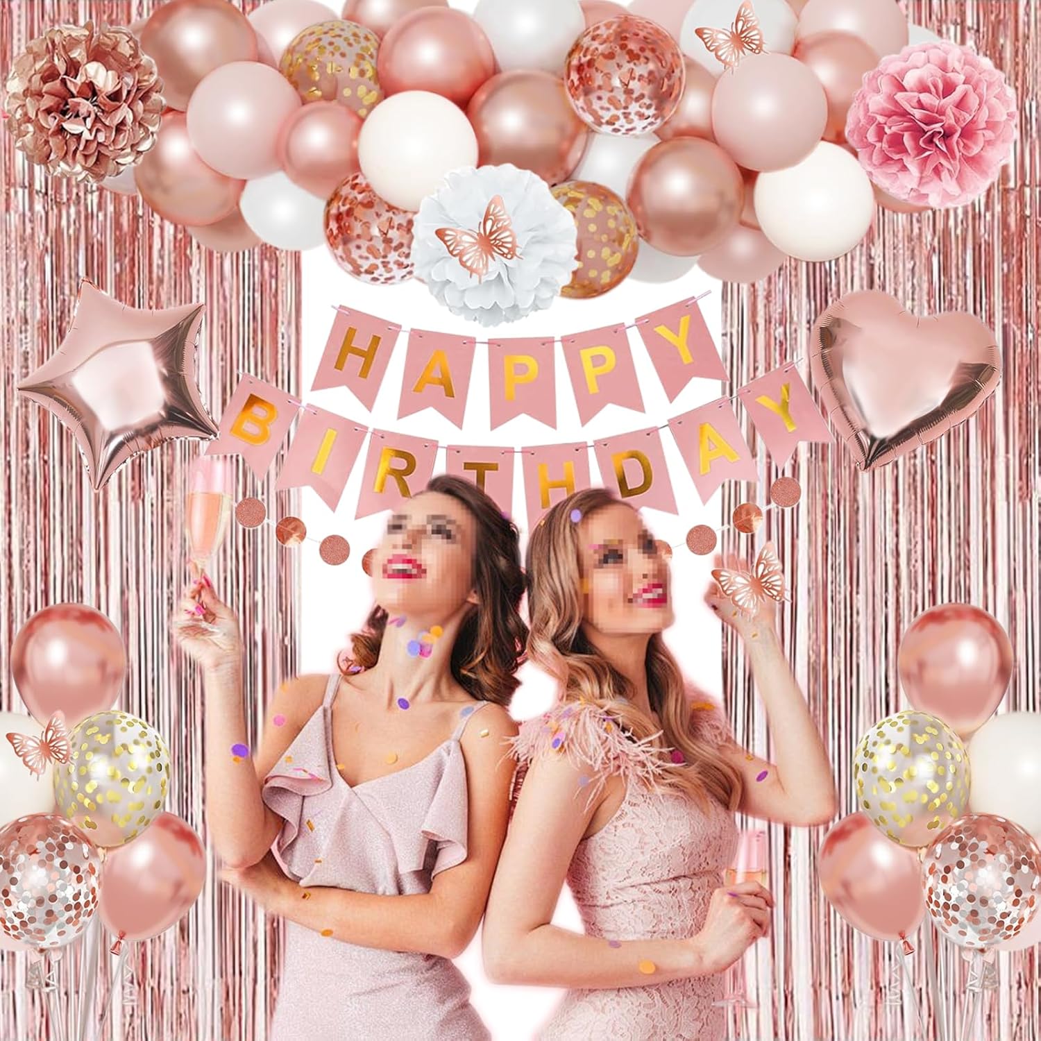 Rose Gold Birthday Party Decorations Kit for Women Girls, Foil Confetti Rose Gold Balloon Pink Happy Birthday Banner Fringe Curtains Tassels Pom Butterfly Decor Circle Dots Supplies 16th 30th 40th - Image 5
