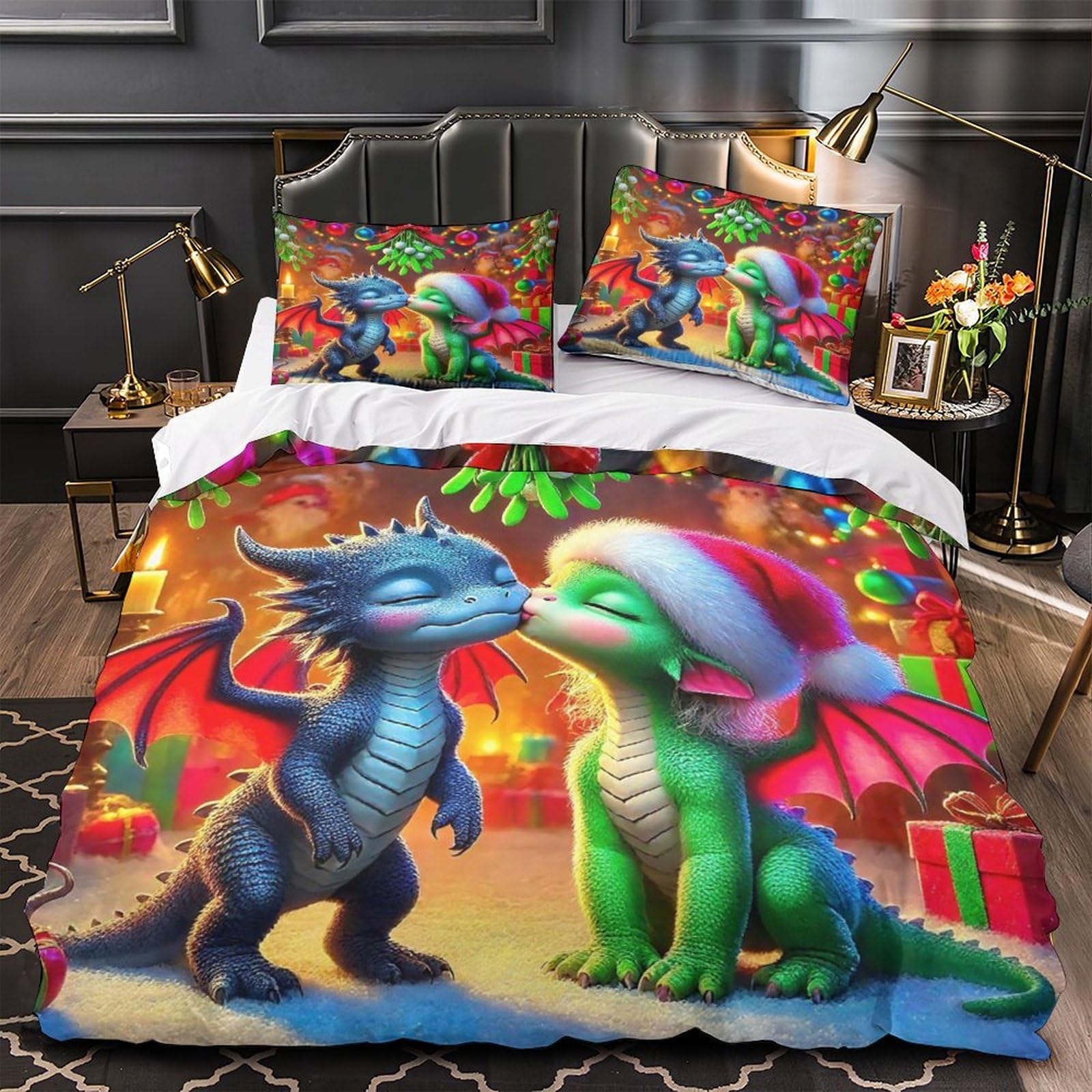 Housse de couette dragon 3D 260x220 cm avec taies en microfibre pour lit enfant et ado super king