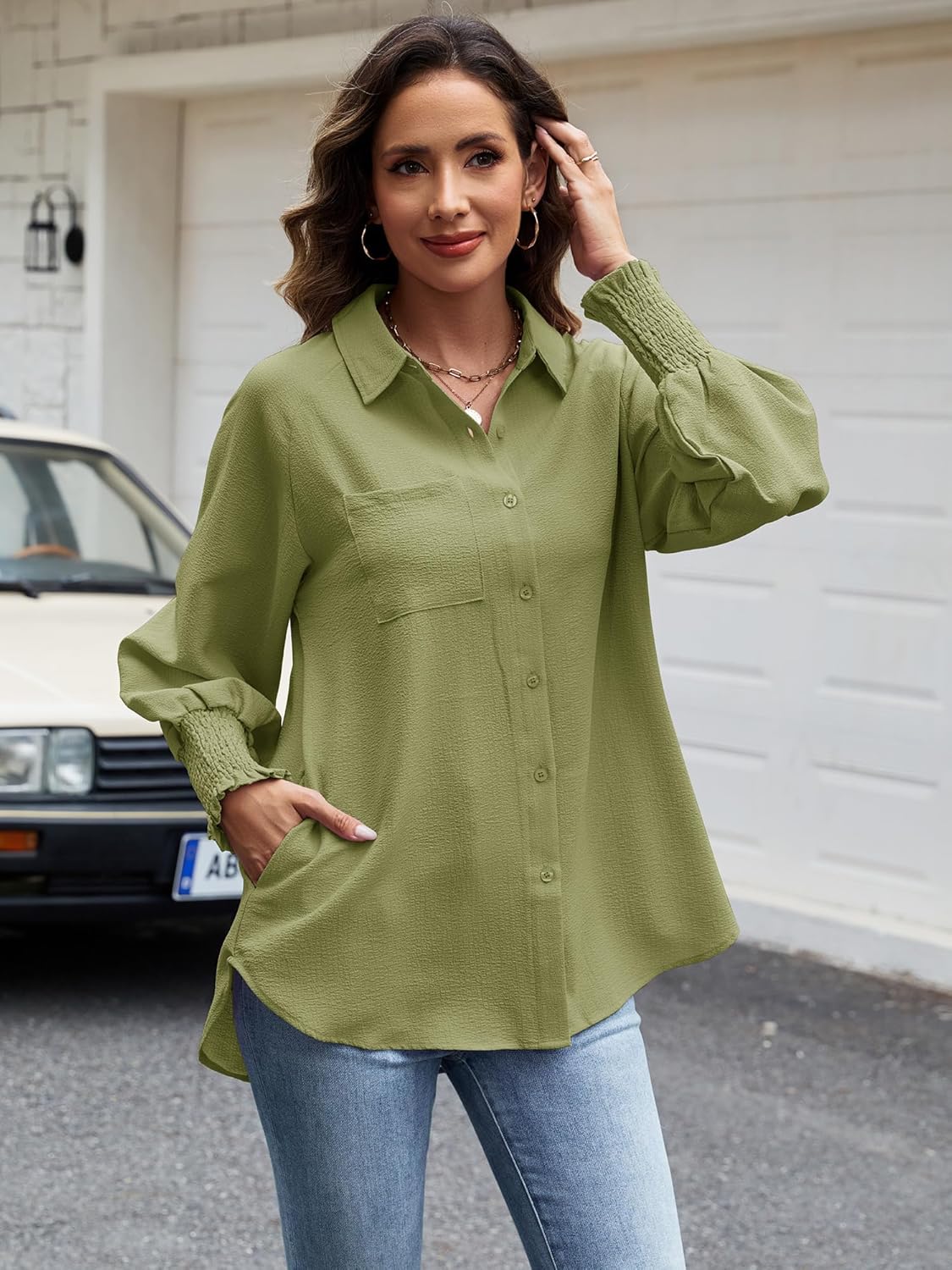 Women's Button Down Shirts Puff Sleeve Oversized Blouses Boyfriends Loose Tunics Casual Work Tops with Pocket（Avocado Green Shirt XL - Image 2