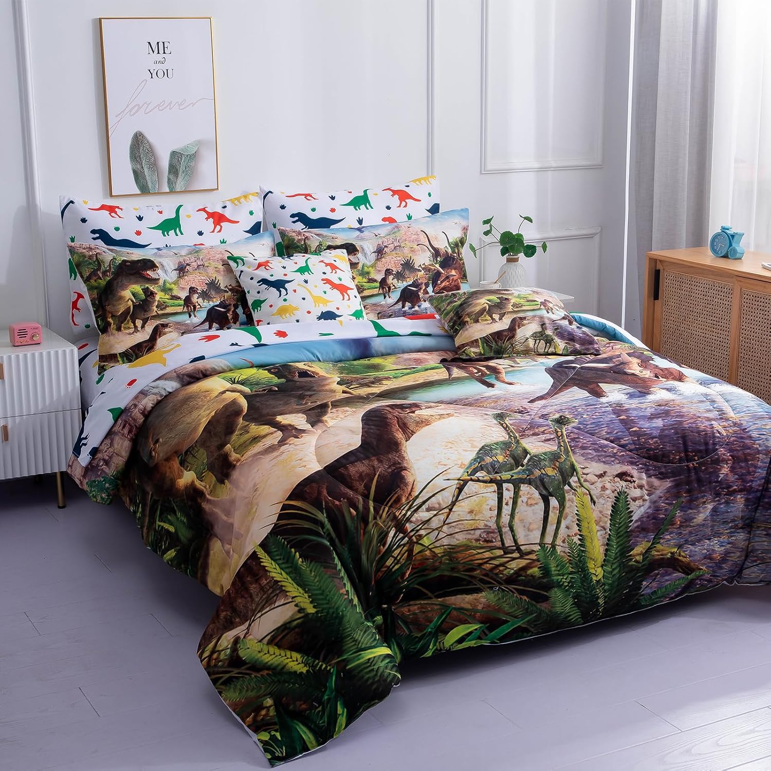 9 Pieces Dinosaur Kids Queen Comforter Set Dinosaur Bedding Set Bed in a Bag,Kids Queen Comforters 3D Dinosaur Bed Quilt Set for Teens - Image 7