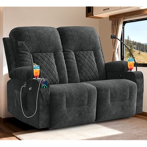Dresegmt RV Loveseat Recliner Sofa, Reclining Loveseat Wall Hugger Recliners with USB Ports, Cup Holders, Insert Pockets, RV Recliners for Travel Trailers & Living Room, RV Furniture | RV Couch | Gray
