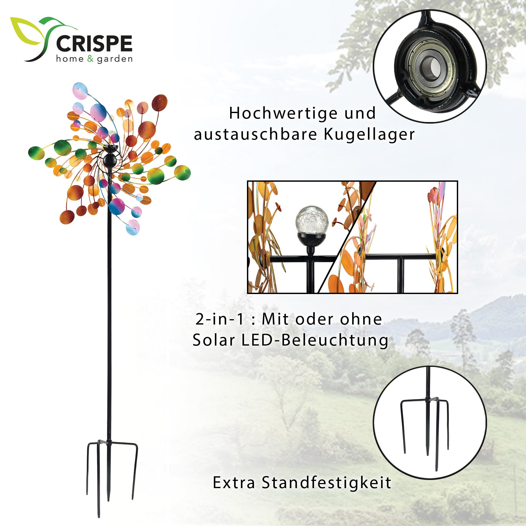 Crispe Metall Windrad 185 cm mit Doppelrotor – Windspiel Windmühle für den Garten – wetterfest & standfest – kugelgelagert – Dreibein – wahlweise mit Solarlampe – Gartendeko Outdoor