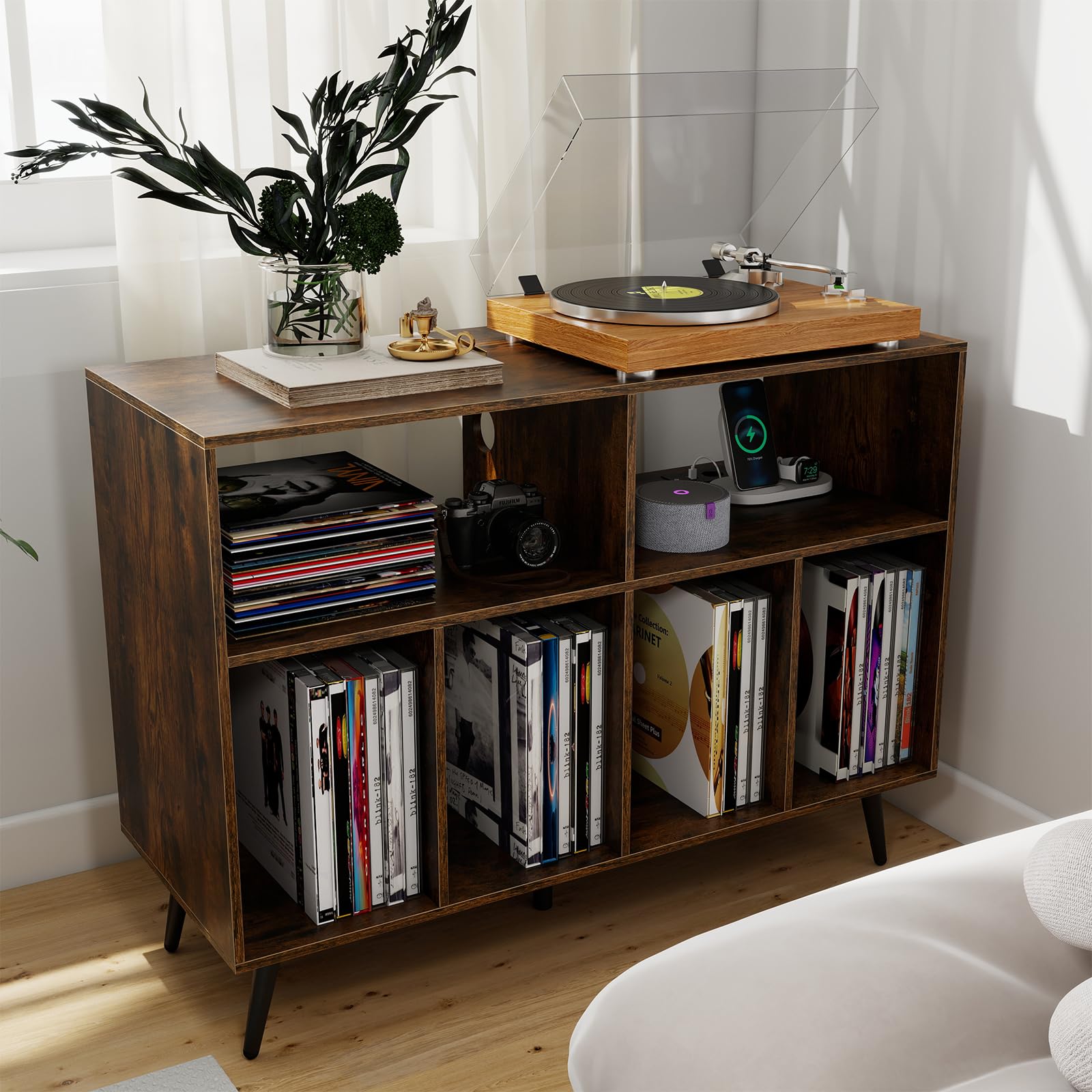 COSTWAY Plattenspielerständer mit Ladestation, Plattenspielerschank mit Vinyl-Aufbewahrungsregalen, Plattenaufbewahrungstisch inkl. 5 Metallbeinen, Sideboard für Wohnzimmer, Musikzimmer (Braun)