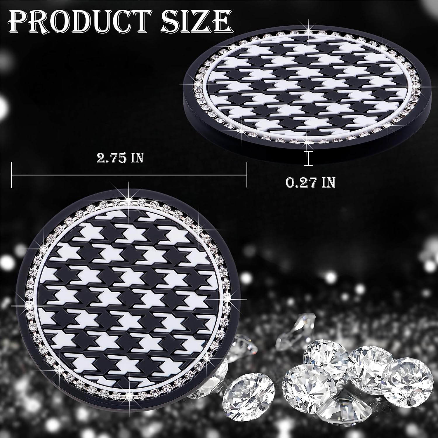 2PCS Sparkly Bling Car Cup Holder Inserts – 2.75 Inch Soft Silicone Coasters, Anti-Slip & Shockproof, Cute Vehicle Accessories for Women Girls (Houndstooth) image 2