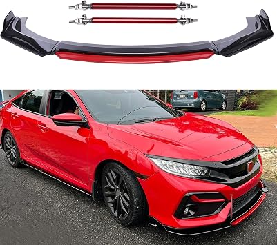 Universal Front Bumper Lip Body Kit, ABS Front Spoiler Carbon Fiber&Red Front Bumper Lip Splitter Body Kit with Red Strut Rods