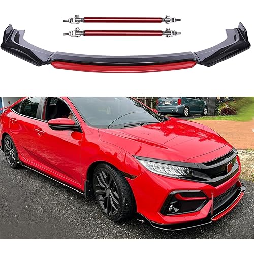 Universal Front Bumper Lip Body Kit, ABS Front Spoiler Carbon Fiber&Red Front Bumper Lip Splitter Body Kit with Red Strut Rods