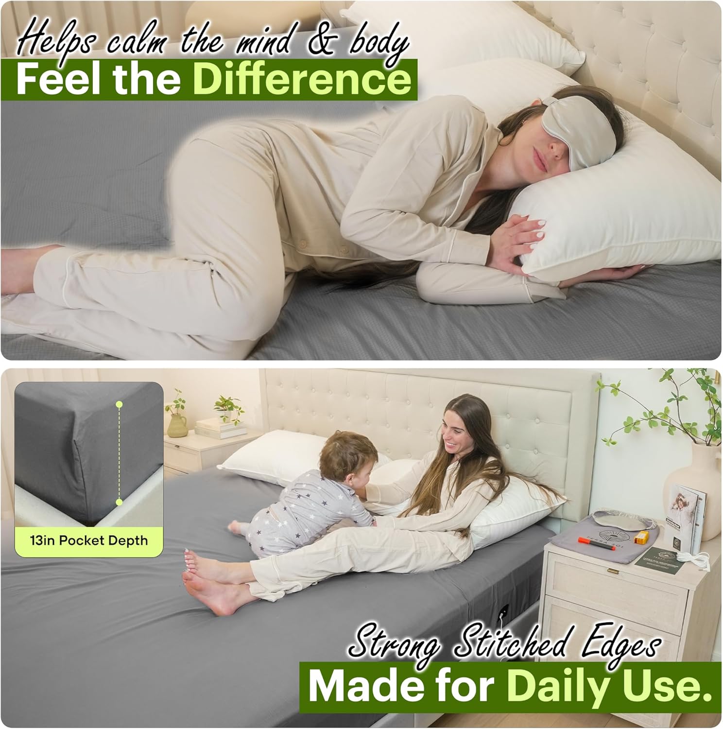 Terra Sol Bare Earth Grounding Sheets Queen Size - 88% Organic Cotton + 12% Silver Fiber Earthing Sheets - Complete Sleep Bundle with 15ft Cord, Safety Testers & Silk Sleep Mask (Grey)