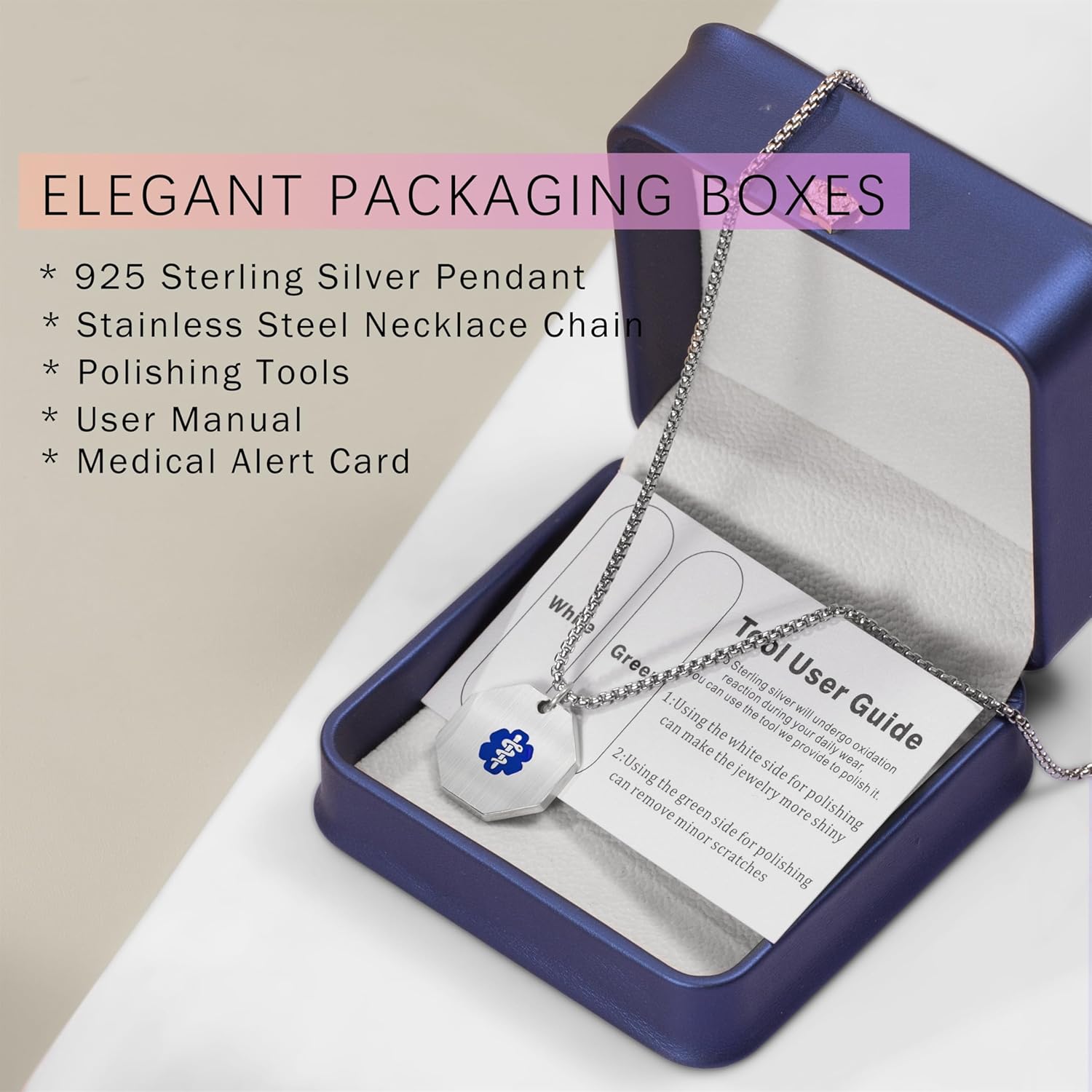 Custom Sterling Silver Medical Alert Necklace for Women Men,Laser Engraving Personalized Emergency Identification Medic ID Dog Tag Octagonal Pendant Necklace Life Alert Jewelry