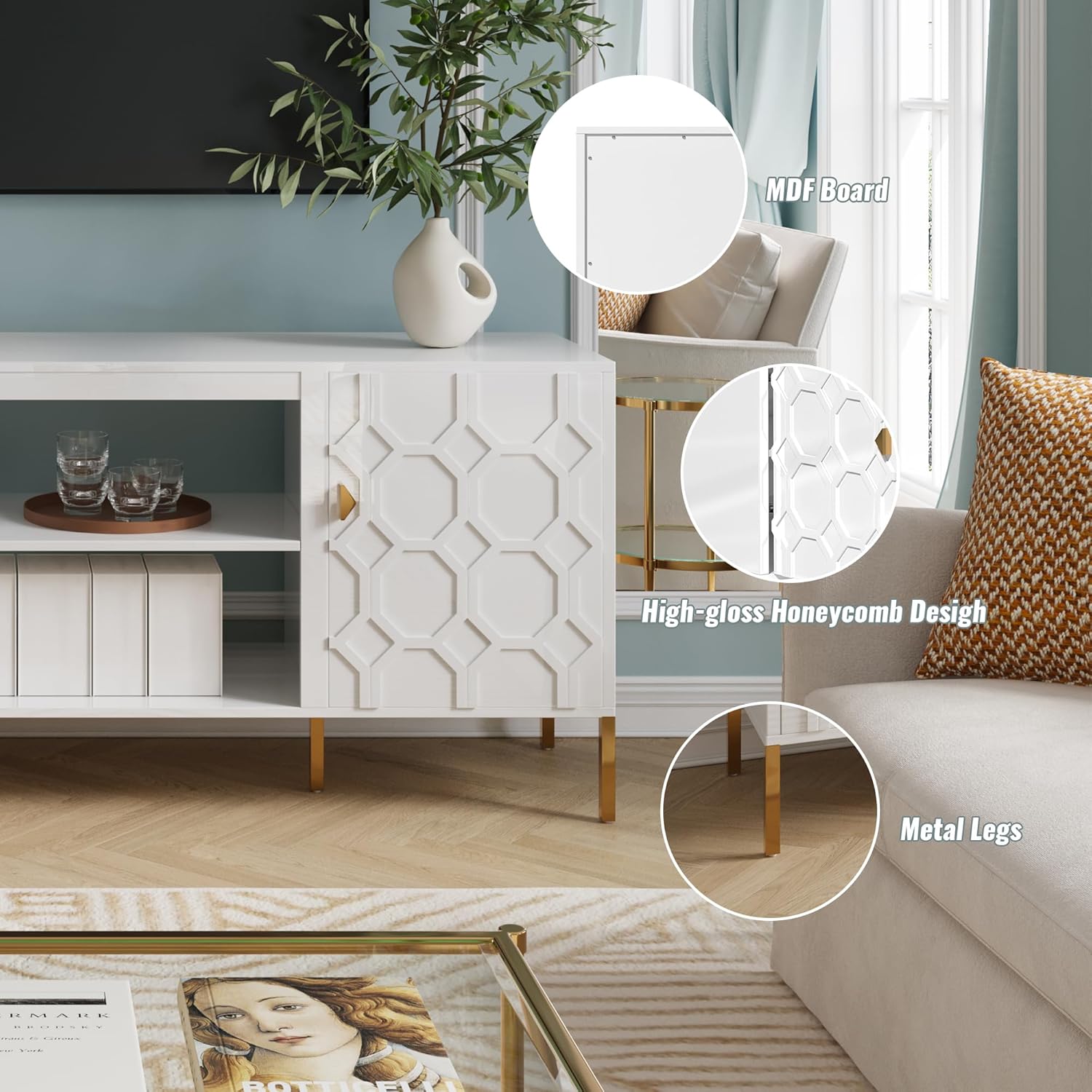 Clihome TV Stands for Living Room, 70'' TV Stand Cabinet for TVs Up to 80 Inchs, Entertainment Center with Storage, White