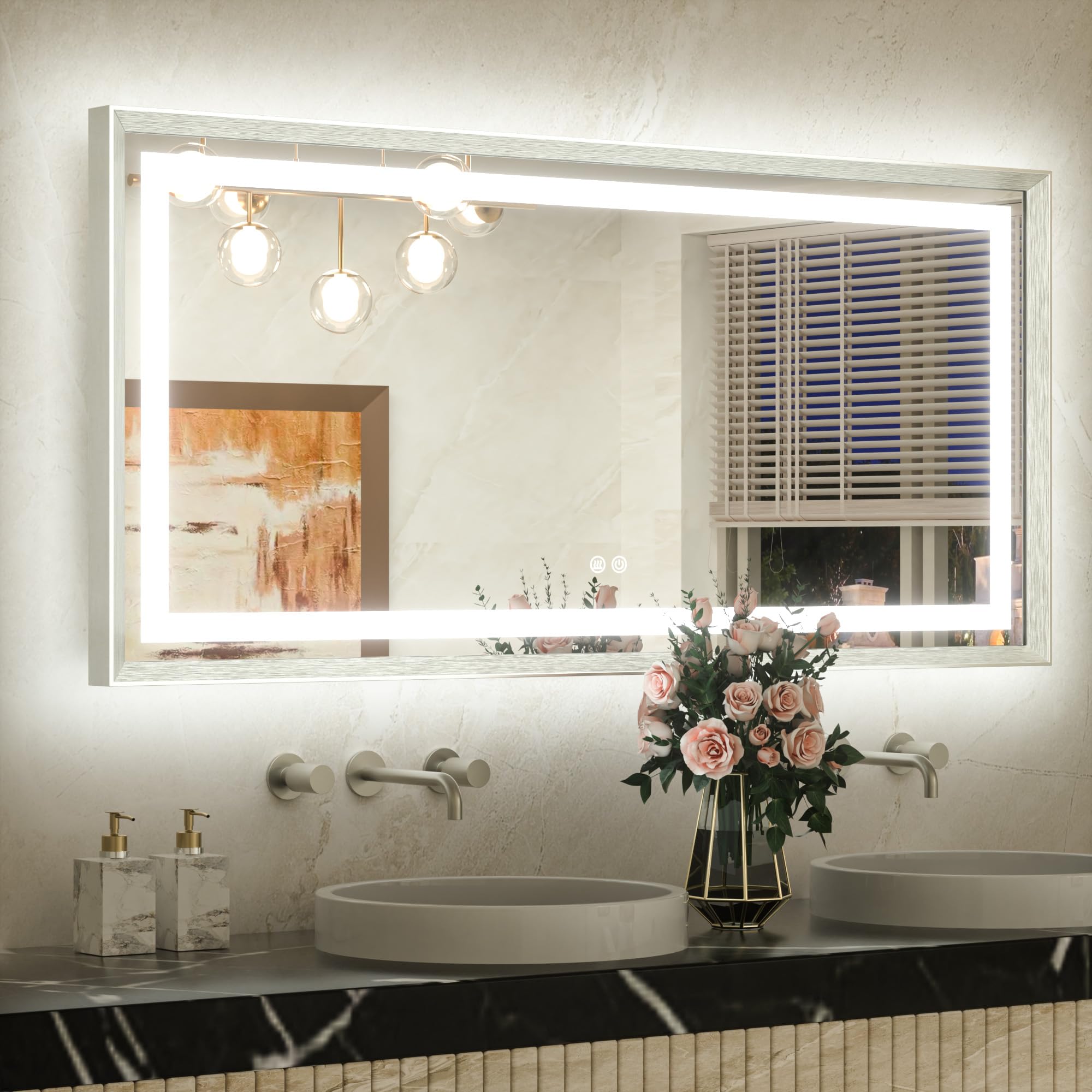 TETOTE 48 x 24 Bathroom LED Mirror Brushed Nickel Metal Frame Frontlit &amp; Backlit Vanity Mirror Stepless Dimmable Anti-Fog 3 Colors White/Warm/Natural Light up Vanity Mirror Wall-Mounted