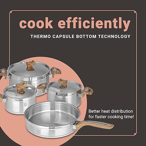 Miniatura 3 de Serenk Juego de utensilios de cocina de acero inoxidable de 7 piezas, compatible con inducción, incluye olla, olla de cocina, sartén y sartén con