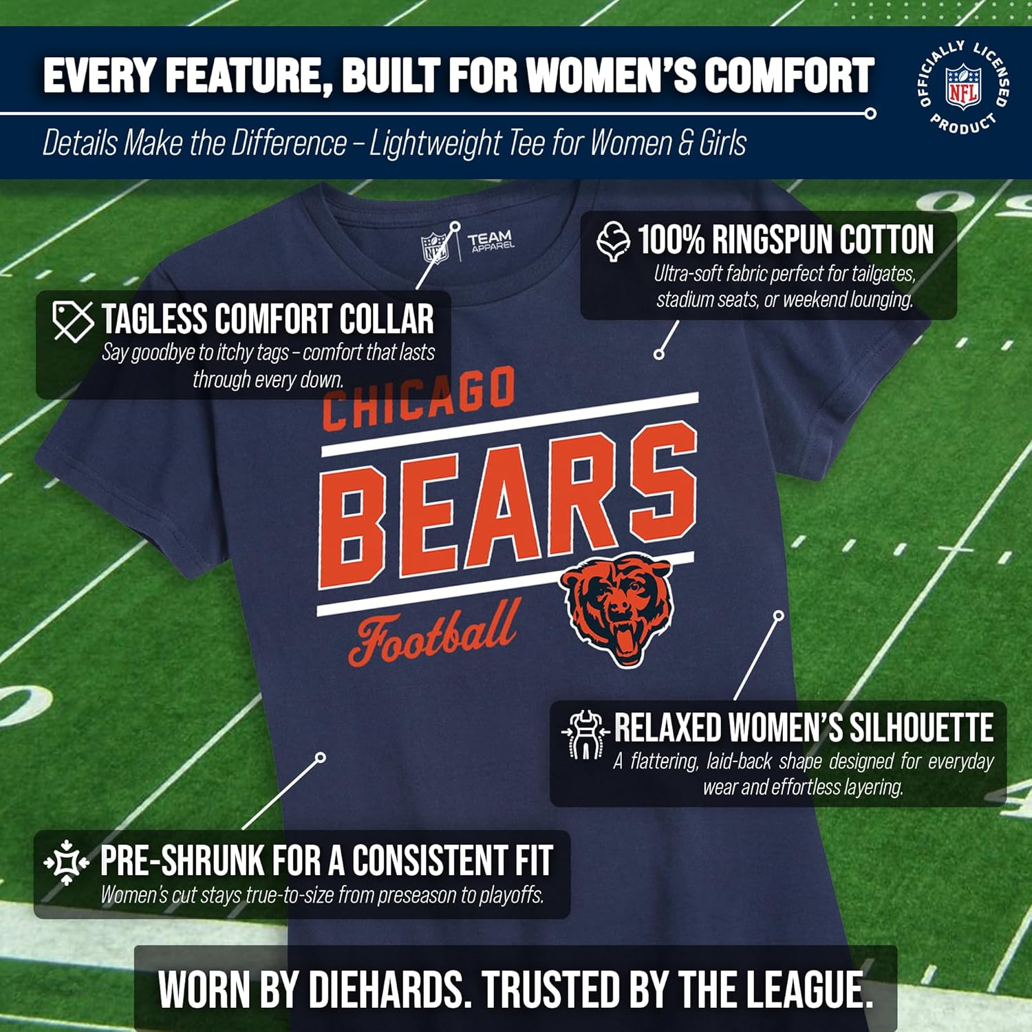 Team Fan Apparel NFL Gameday Women's Relaxed Fit T-Shirt - Rib Neck Contour - Tagless Short Sleeve Tee - Stay Cool & Stylish (Chicago Bears - Navy, X-Large) - Image 3