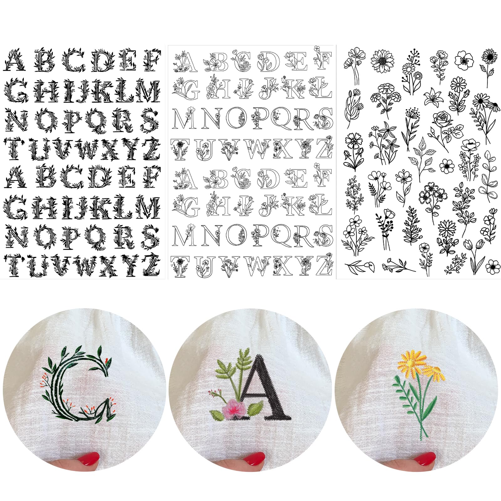 INCOK Flower Water Soluble Embroidery Patterns, 139 Pcs Stick and Stitch Embroidery Papers Wash Away 3 Style Floral Alphabet Dissolvable Paper, DIY Gift for Hand Sewing Lover Beginners