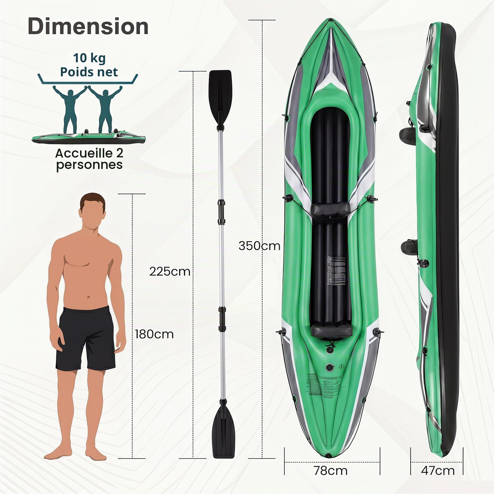 HOMASIS Kayak Gonflable 2 Places, Canoë Bateau Adulte en PVC avec Pagaie Aluminium, Pomp, Sièges, Charge160 kg, pour Pêche et Loisirs, pour Lacs et Rivières