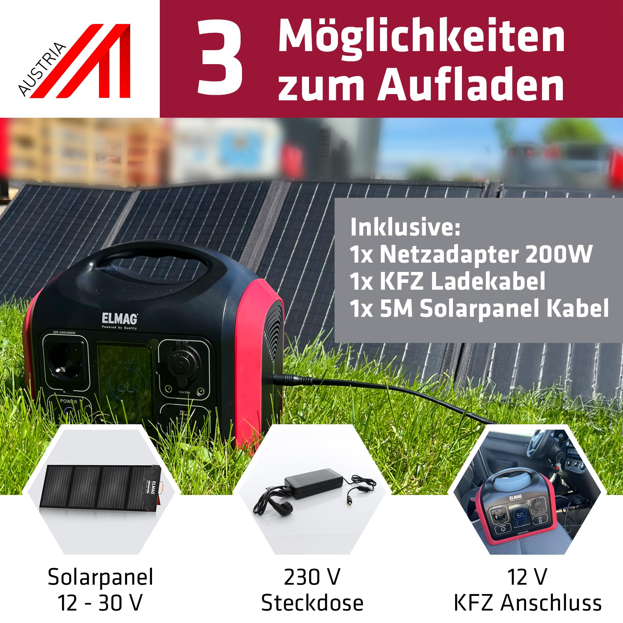 ELMAG Solargenerator-Set Energy 600 + SOLAR 100 595Wh tragbare Powerstation mit faltbarem 100Wp Solarpanel Stromspeicher mit LiFePO4 Akku & 230V AC/DC/USB Ausgabe Für Camping, Outdoor & Notstrom