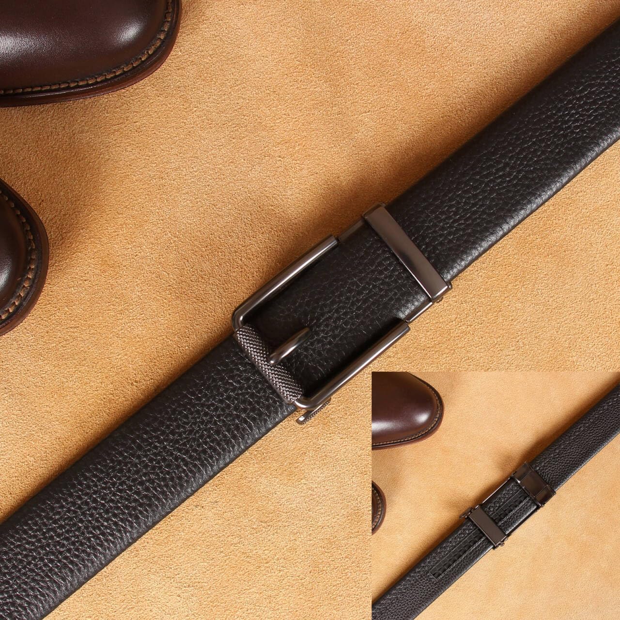 Men's Leather Ratchet Belt 1 3/8" Genuine Leather Automatic Buckle Dress & Casual Trim to Fit