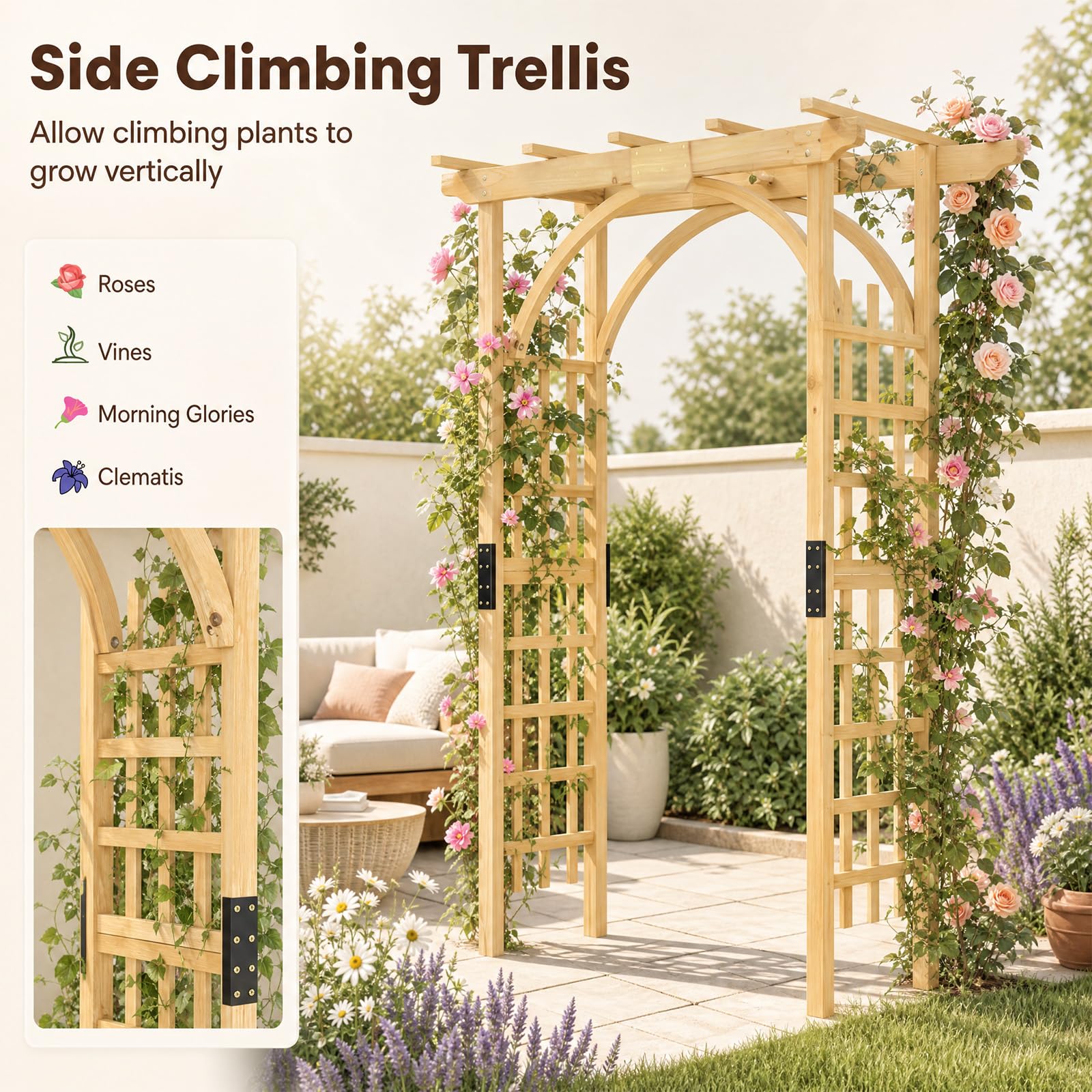 HOMASIS Gartenbogen Holz, Rosenbogen für Rosen & Kletterpflanzen, Rankhilfe für Hochzeit Garten Partys, Rankgitter Spalier Torbogen Rosengitter Pflanzenstütze mit Dach (Natur, 160 x 60 x 216 cm)