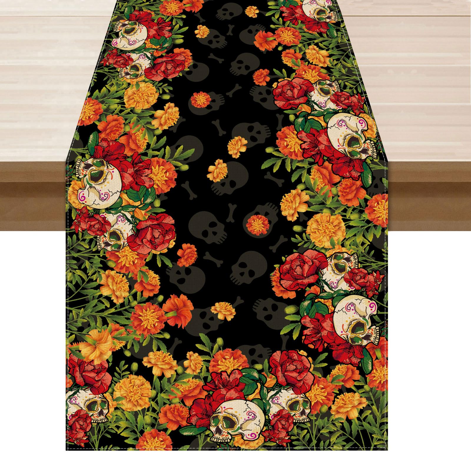 XCHI Sugar Skull Marigolds Floral Dia De Los Muertos Table Runner Day of The Dead Mexican Table Decoration for Home Kitchen Dining Holiday Fiesta Themed Party Decor 13x108 Inch