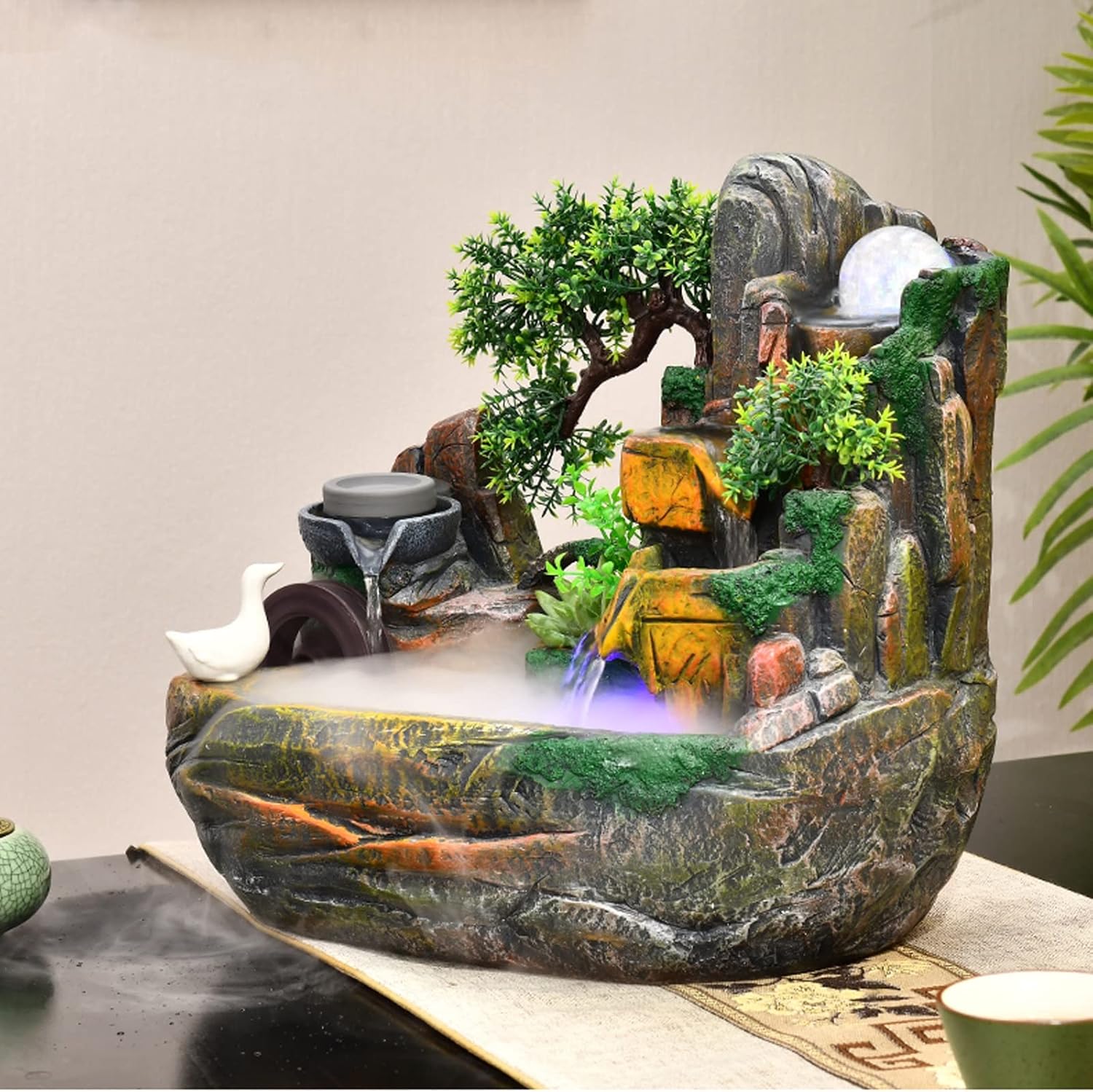 Desktop Fountain Resin Fake Mountain Flowing Water Indoor Fountain Feng Shui Wheel Inviting Wealth Turning Ball Features Ornaments Living Room Office Decoration(Medium)