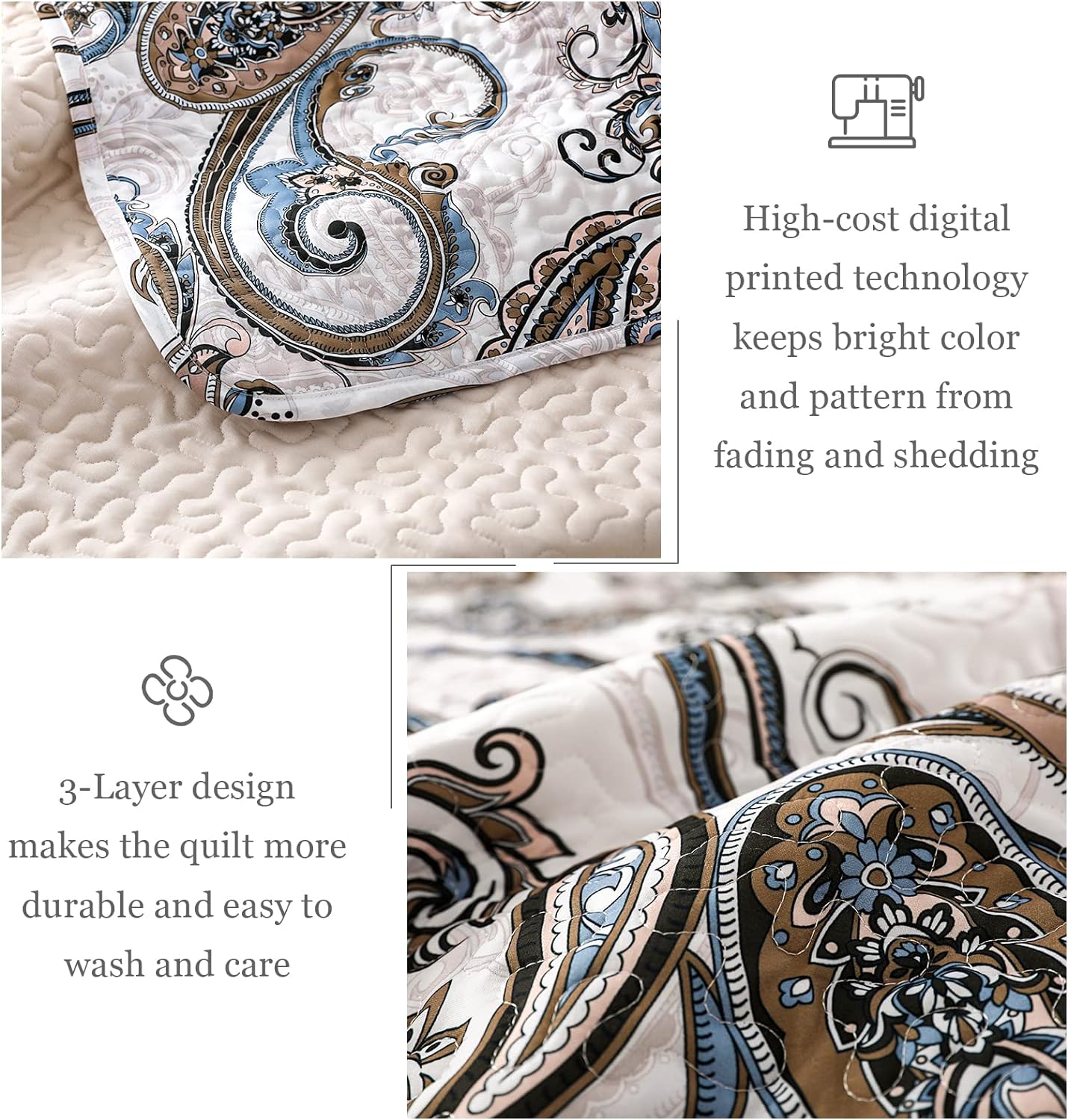 Whale Flotilla Reversible Printed Quilts Queen Size, Extra Soft Boho Paisley Floral Bedspreads for Bed Lightweight Full Queen Quilt Bedding Set Coverlets with 2 Pillow Shams for All Seasons, Bone Grey - Image 6