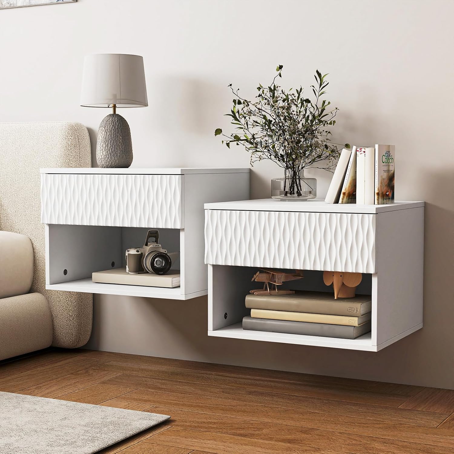 Vibe & Dine Floating Nightstand Set of 2, Wall Mounted Night Stand with Wavy Pattern Design, Modern Bedside Tables with Drawers for Bedroom, Easy Assembly, White
