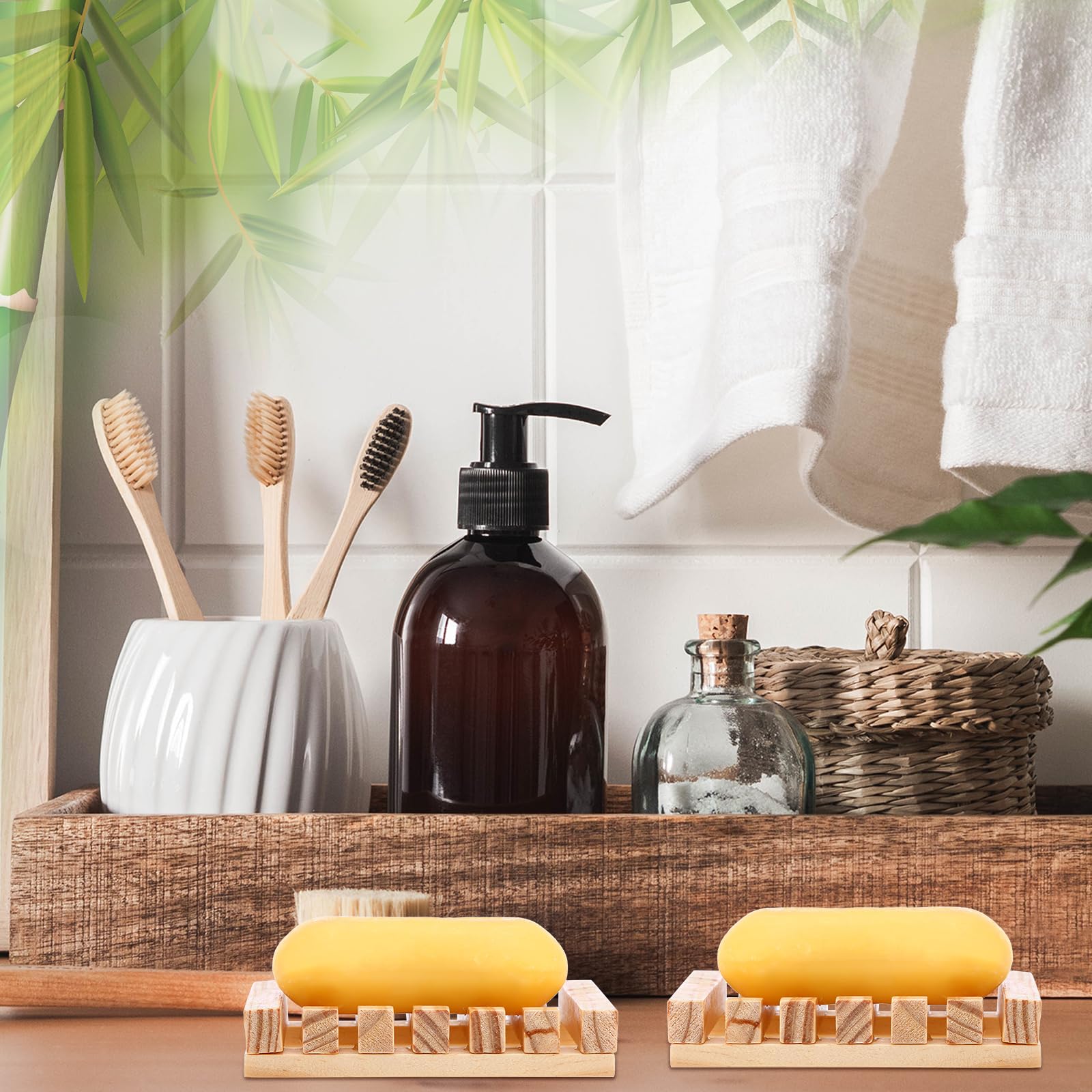 Skylety Jabonera de madera para ducha, jabonera de drenaje, bandeja de jabón para baño, cocina, viaje, esponja, champú, fregadero, 4.5 x 3.1 x 0.9 pulgadas (color madera, 30 piezas)