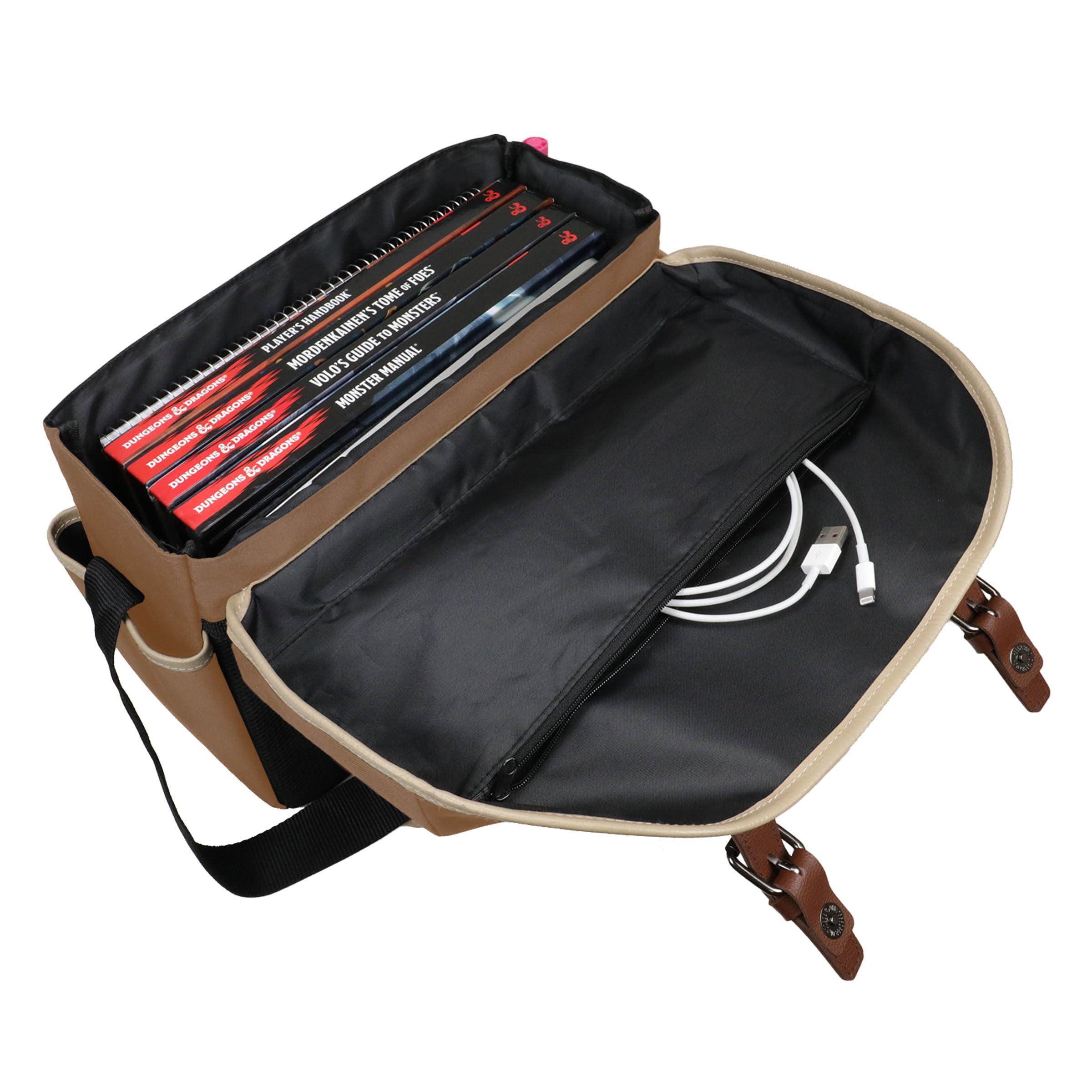 ENHANCE Sac DND Édition Designer - Sac Messager Élégant pour Joueur de RPG Donjons et Dragons, Compatible avec Manuel, Classeurs, dés et Accessoires, avec Housse et Poches pour Tablette (Tanné)