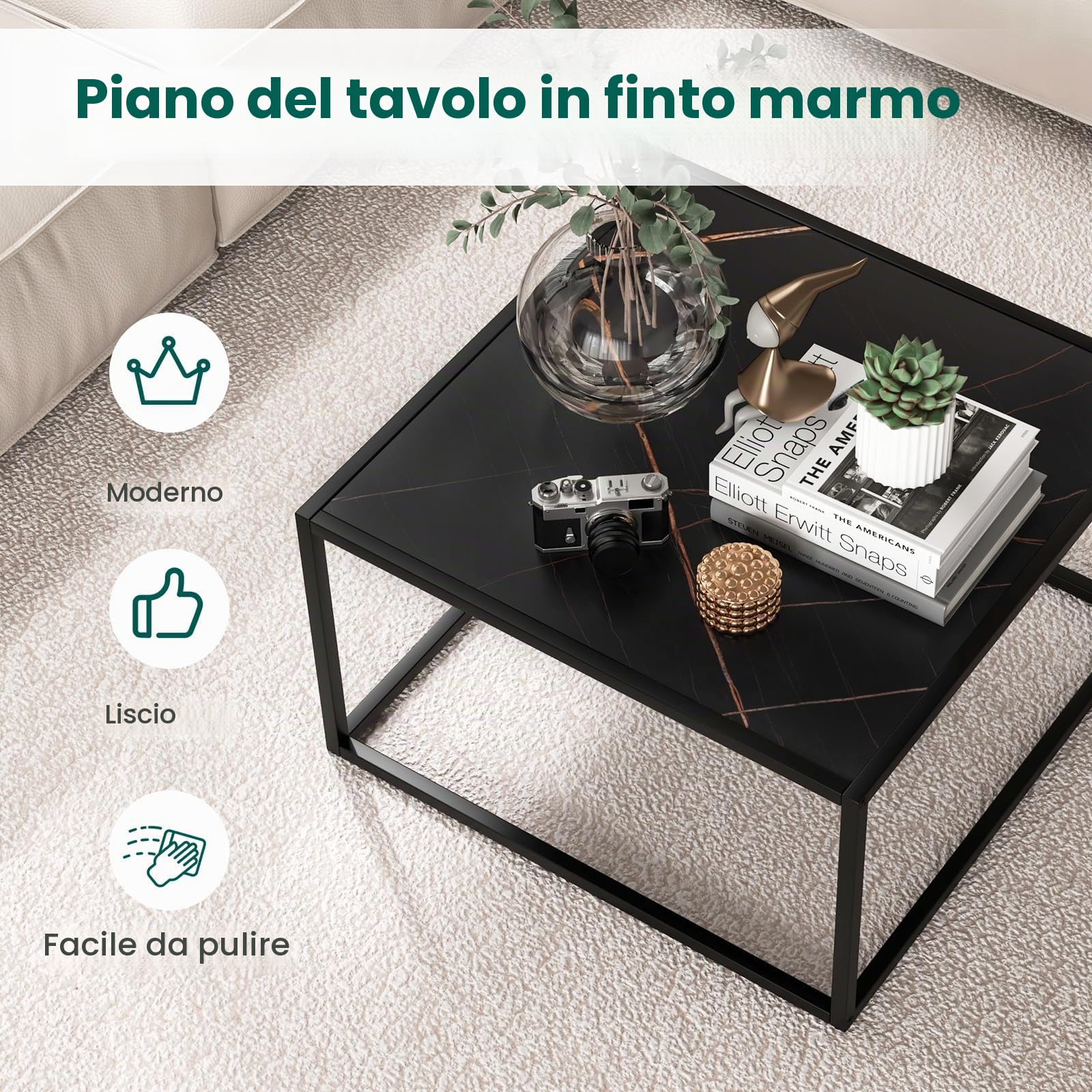 GIANTEX Tavolino da caffè effetto marmo, tavolino da tè con telaio in metallo, tavolo moderno, tavolino quadrato per soggiorno, 70 x 70 x 40 cm (nero)