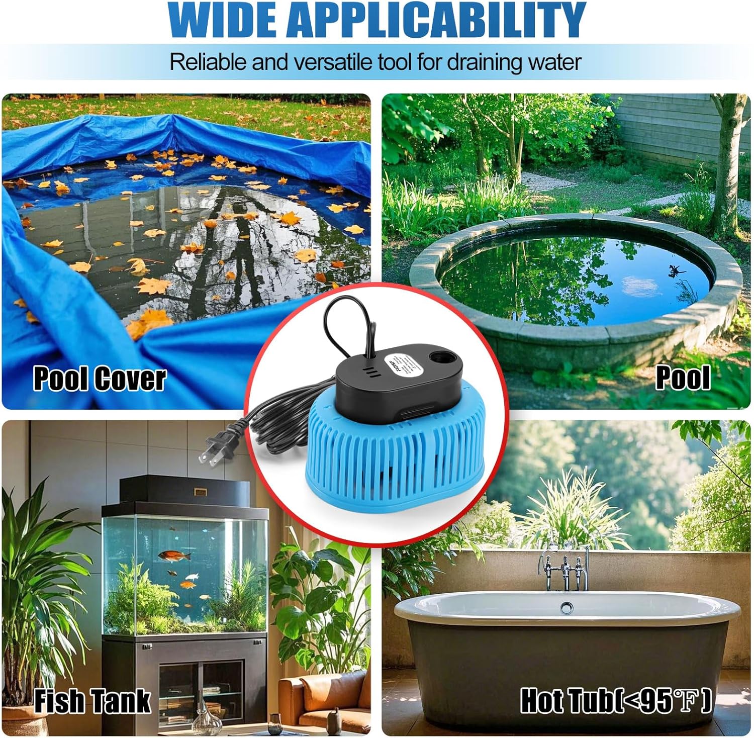Pool Cover Pump Automatic On Off, 850 GPH Automatic Pool Cover Pumps Above Ground With 5 Hose Adapters, 23 FT Drain Hose, 25 FT Power Cord, Water Pump for Draining of Pool Covers, Ponds, Tubs