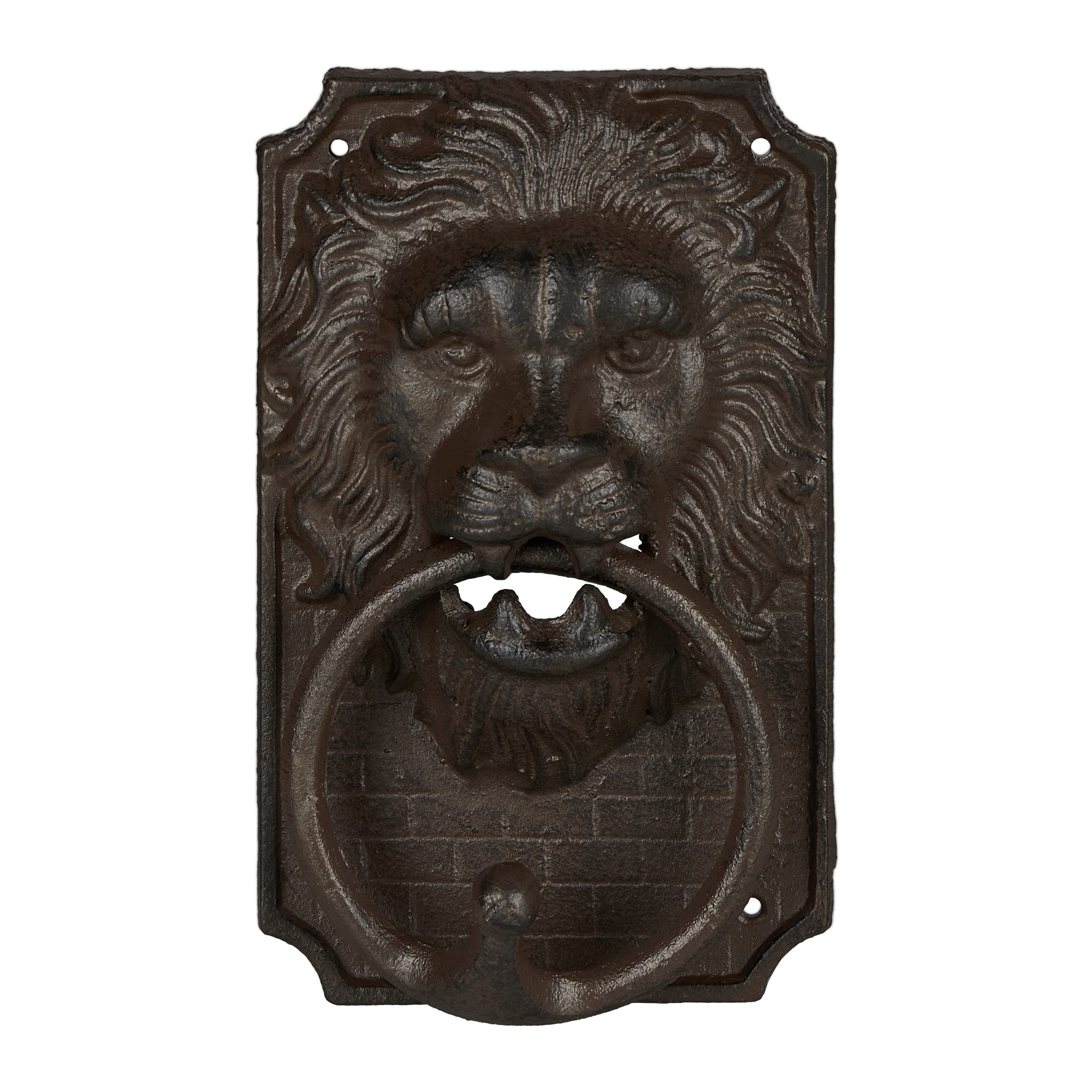 Llamador puerta león de hierro fundido de 19,5x12 cm con acabado marrón envejecido