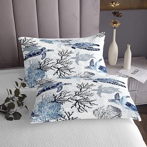 Miniatura 3 de Erosebridal Juego de ropa de cama de tortuga, tamaño individual, color blanco y azul, juego de colcha de tortuga hawaiana para niños, colchas de