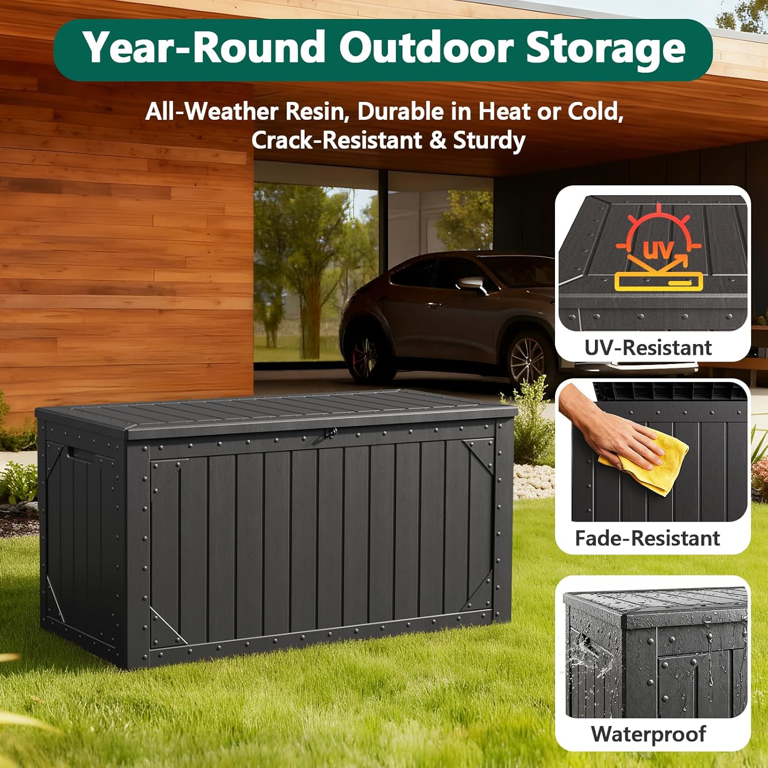 100 Gallon Outdoor Storage Box, Waterproof Resin Deck Box Organizer for Patio Cushion Storage, Lockable Outside Container for Garden Tools - Image 4