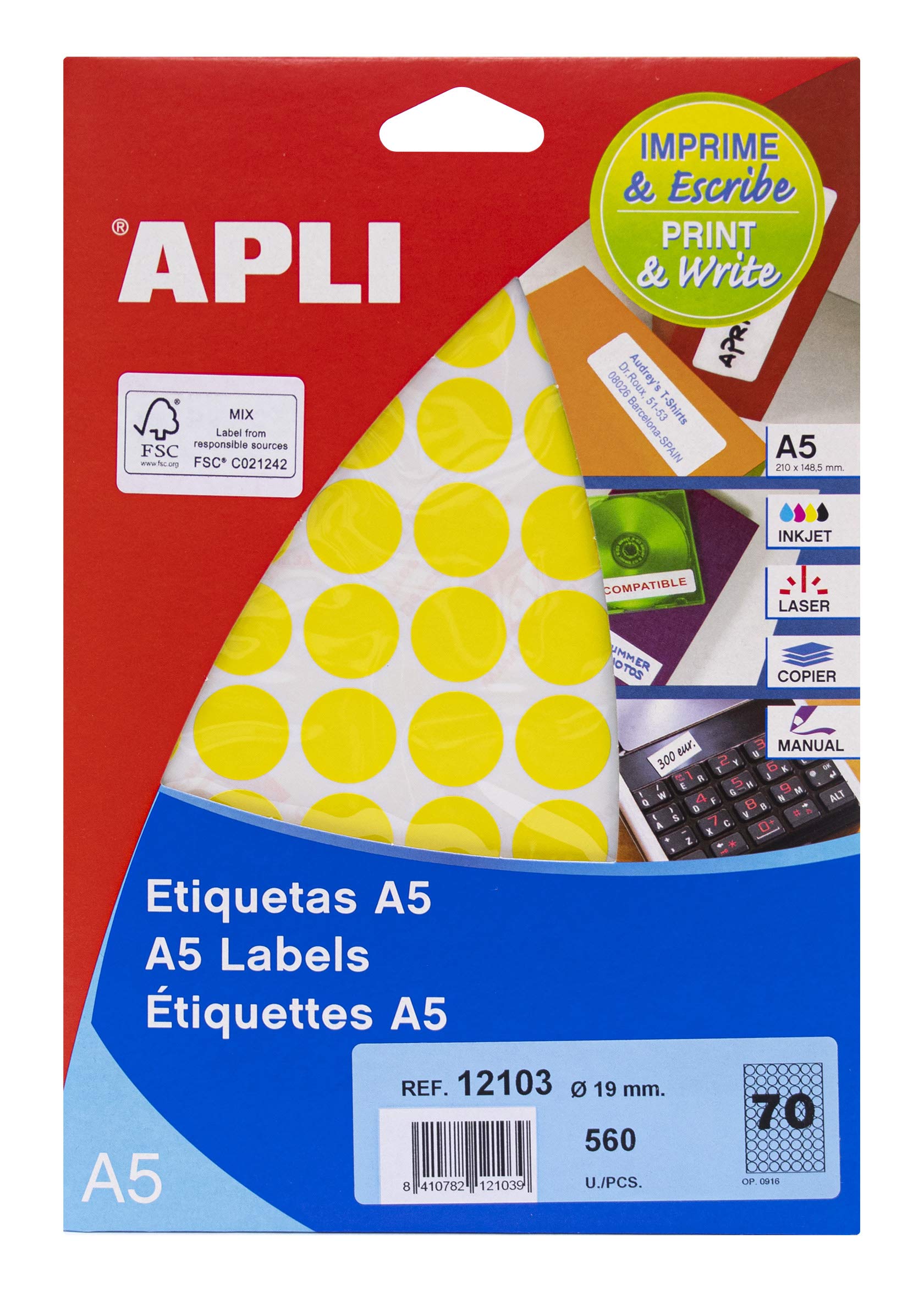 APLI 12103 – A5 Yellow Labels Ø 19 mm 8 Sheets
