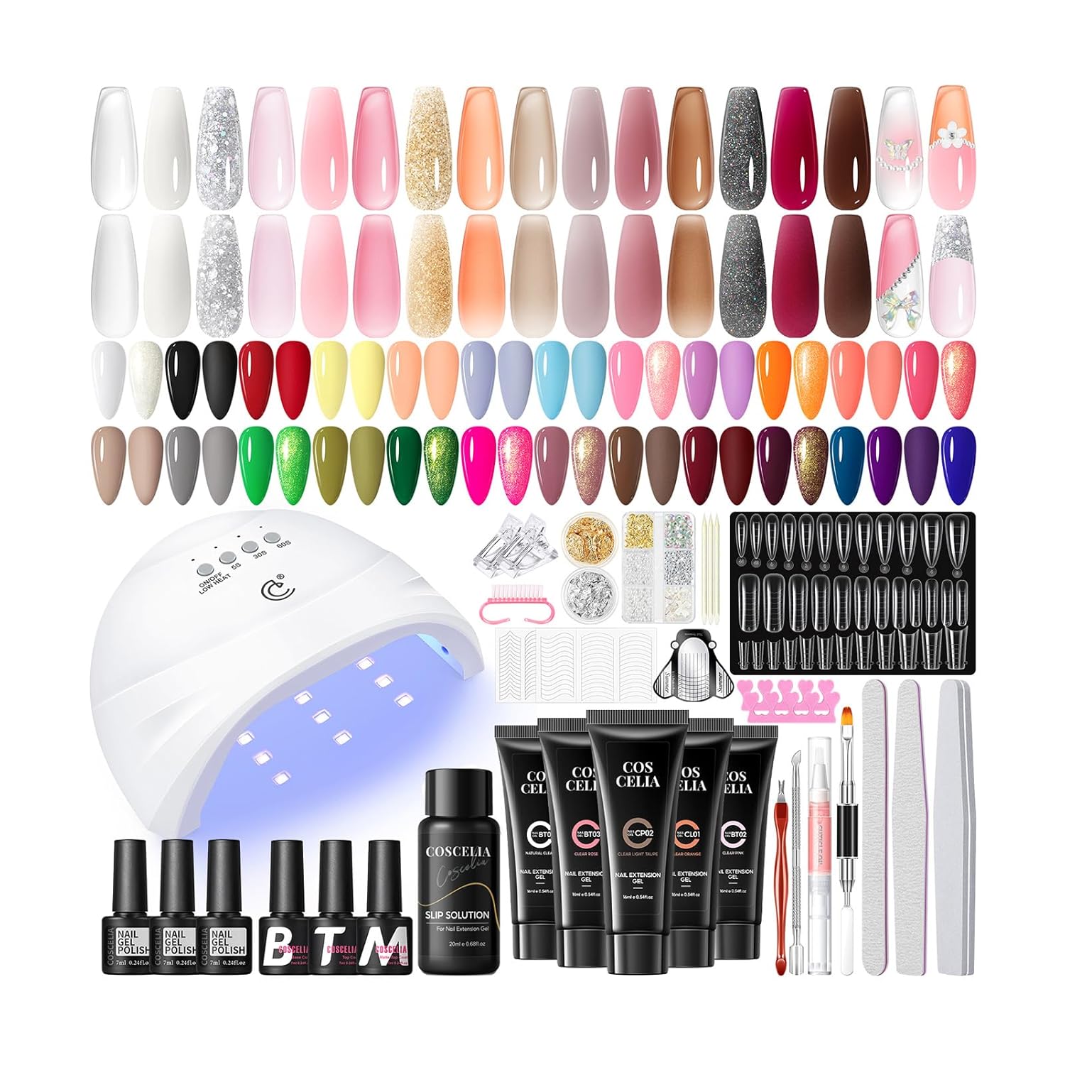 COSCELIA 67PC Two-Type Gel Nail Polish Kit with U V Light, 25pcs Gel Polish with 15 Colors Poly Extension Gels for Beginners with Everything Glitter Decorations French Manicure Gifts for Women