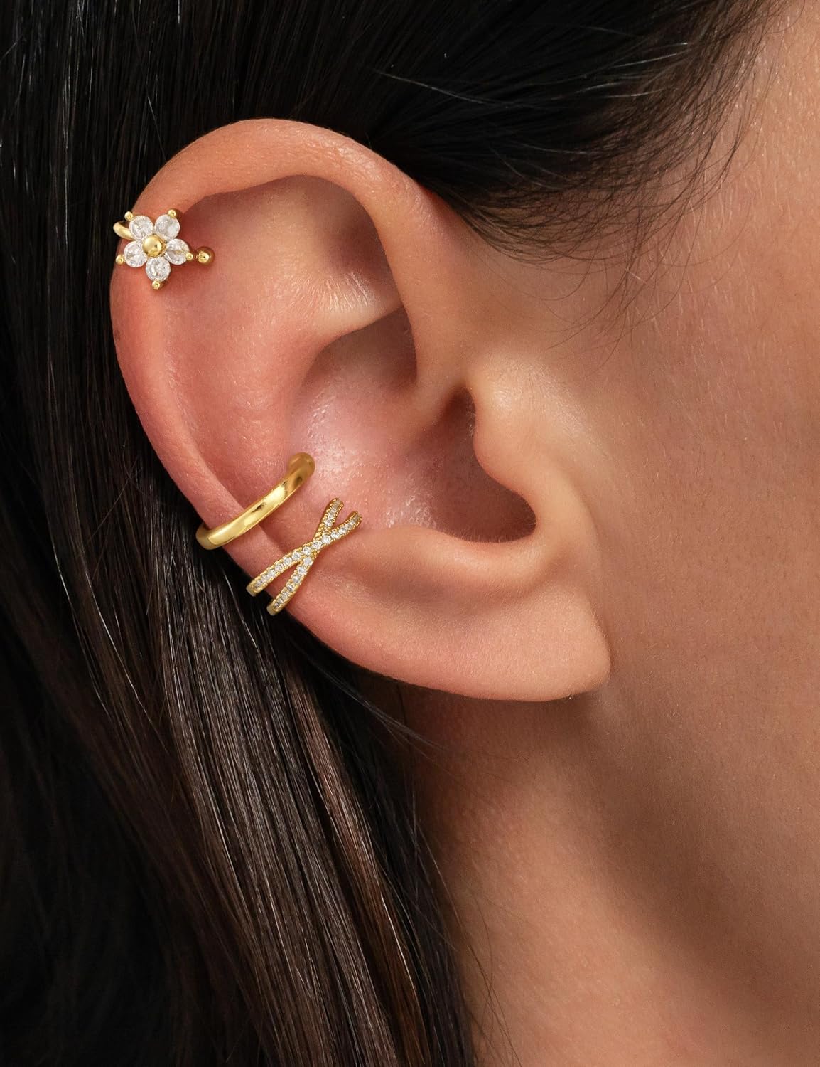 Carffordo 3Pcs Ear Cuffs for Women Non Piercing - Trendy 14K Gold Plated Cuffs Earrings with Cubic Zirconia - Dainty Clip On Cartilage Earring Jewelry