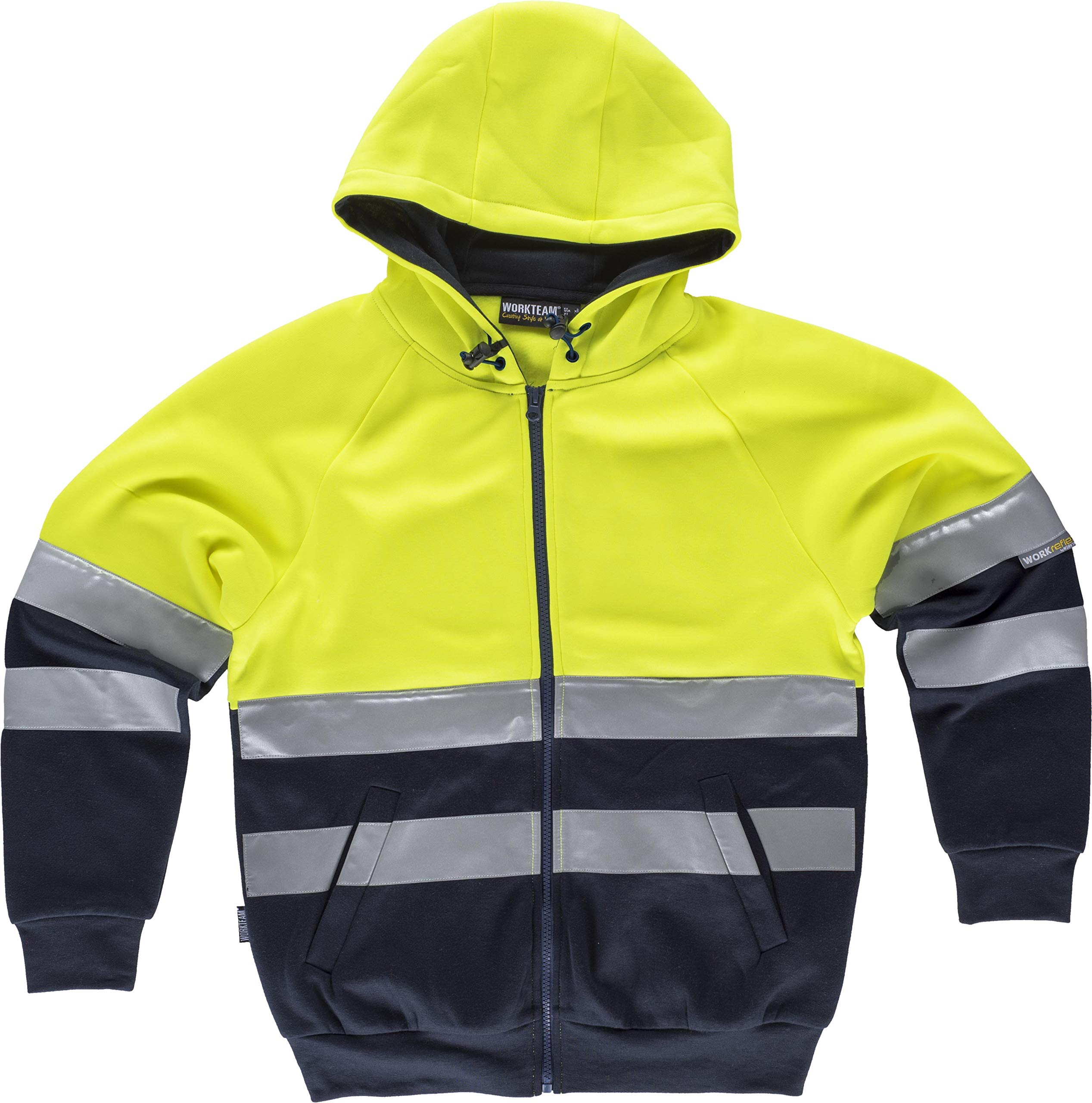 Work Team Sudadera combinada con Cintas Reflectantes. Capucha con cordón elástico y Pieza Ajustable. Cierre de Cremallera de Nylon. Cubre Costuras en Hombre Amarillo A.V.+Marino M
